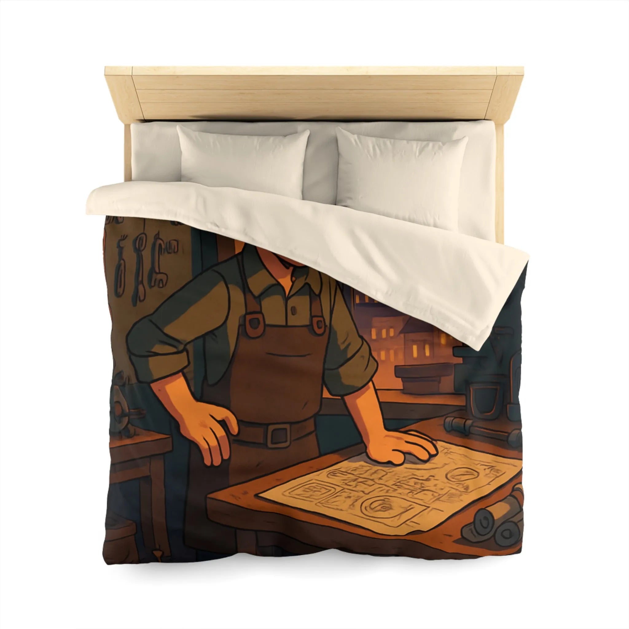 Housse de couette enfant avec illustration atelier rétro et robots amusants pour inventeur