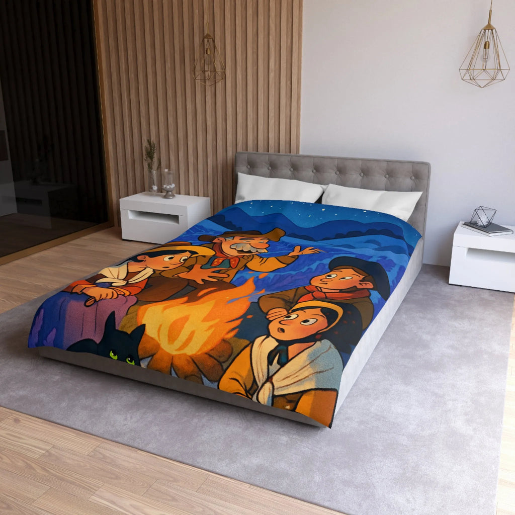 Housse de couette colorée avec scène animée racontant une histoire sous les étoiles