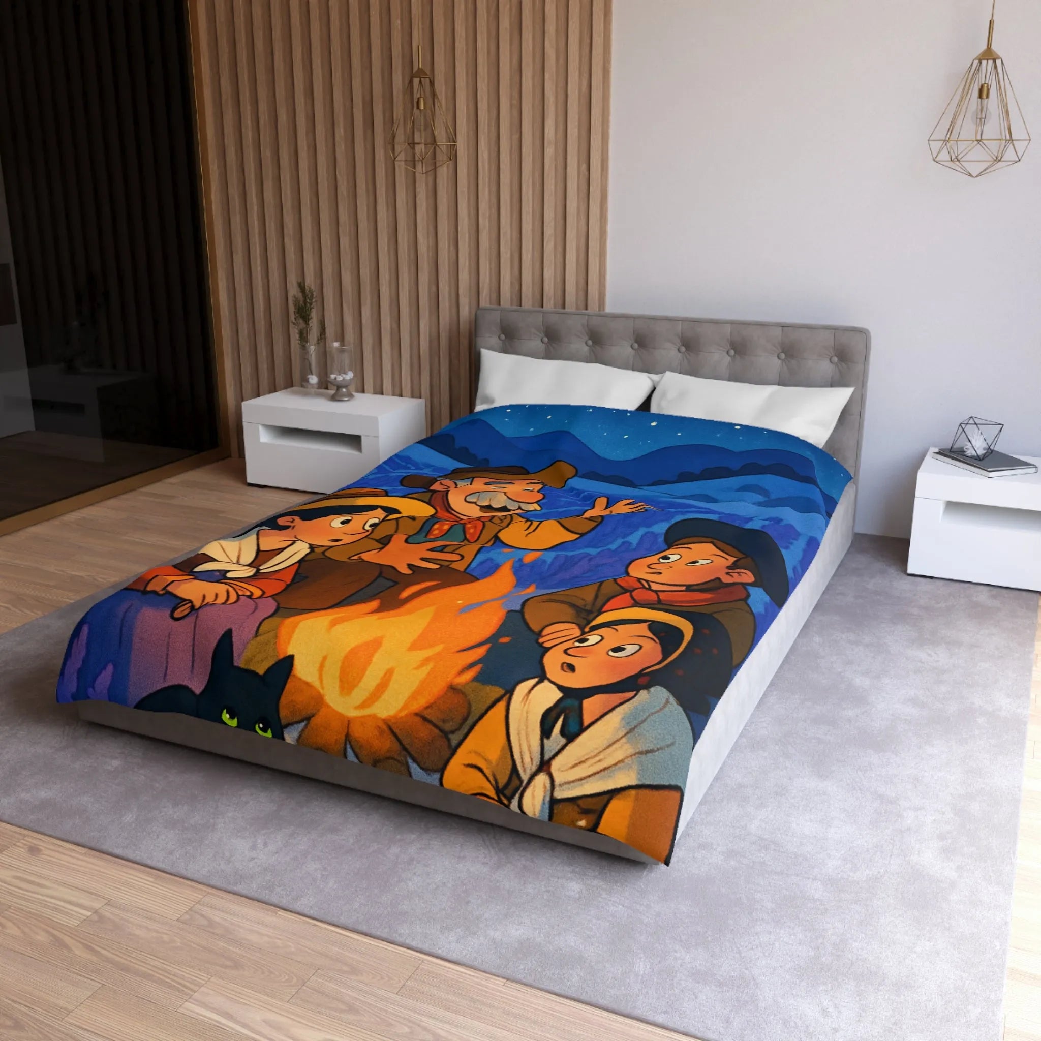 Housse de couette colorée avec scène animée racontant une histoire sous les étoiles