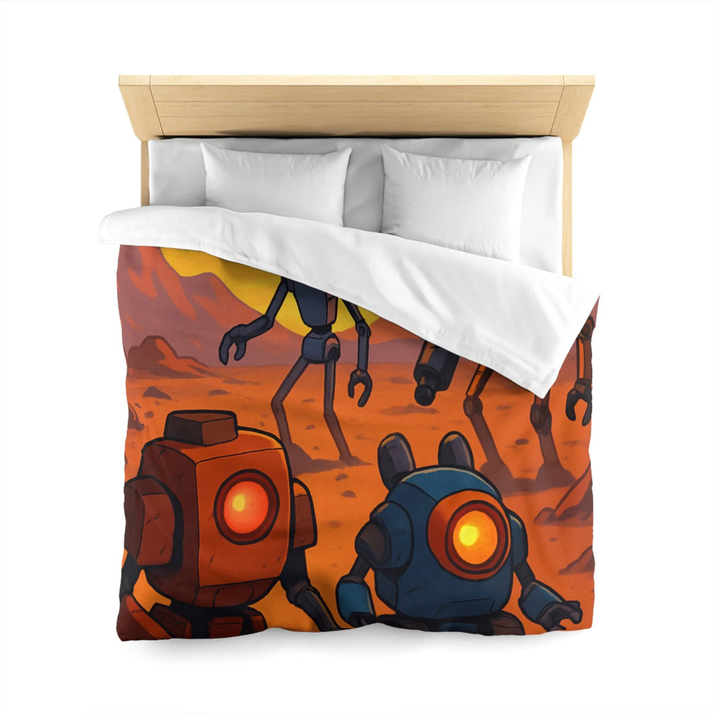 Housse de couette avec robots colorés dans un paysage désertique au coucher du soleil