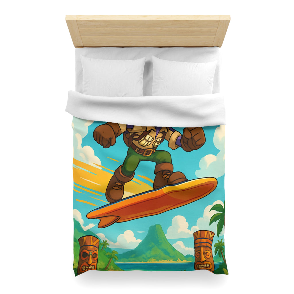 Housse de couette vibrante avec héros aventureux sur plage tropicale paradisiaque