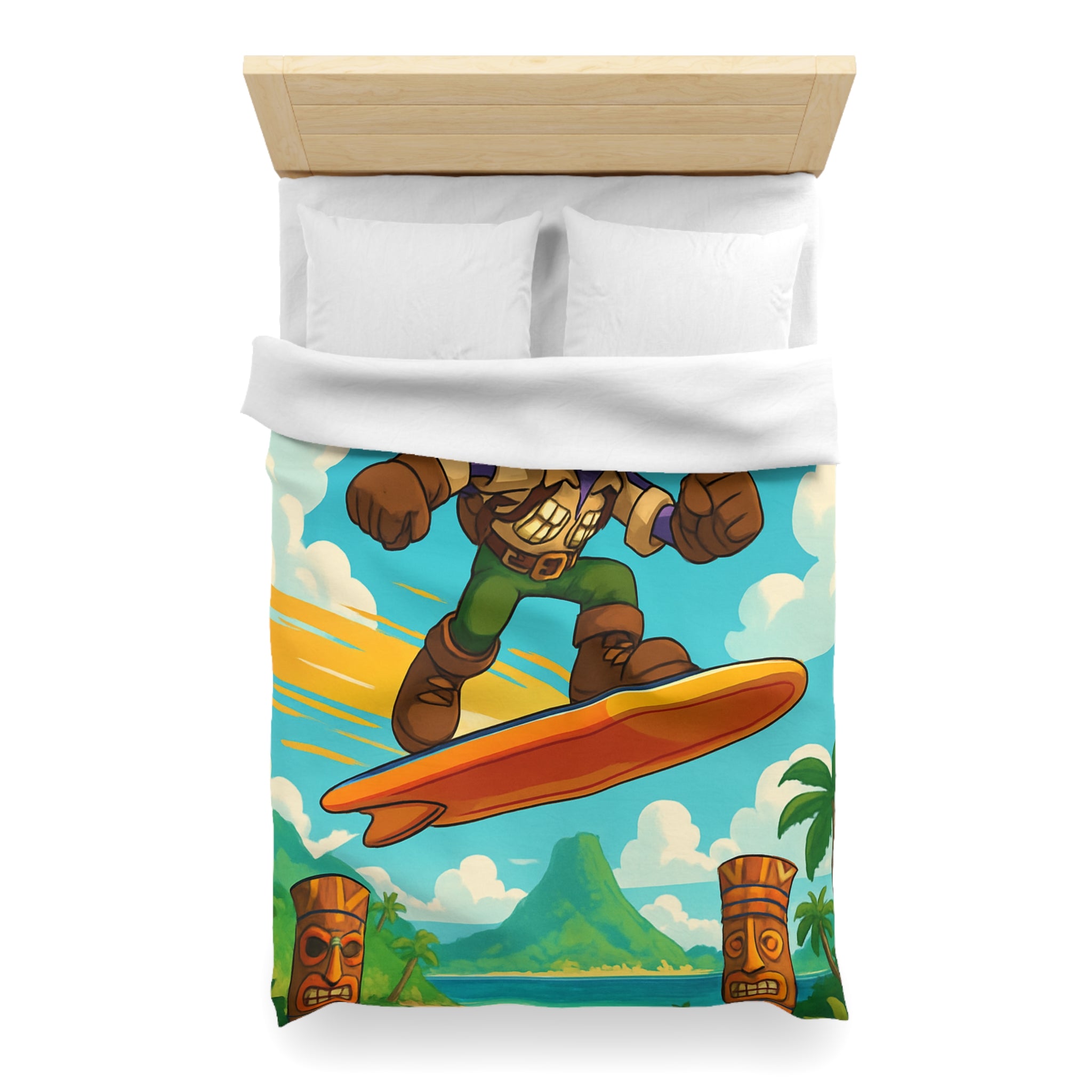 Housse de couette vibrante avec héros aventureux sur plage tropicale paradisiaque