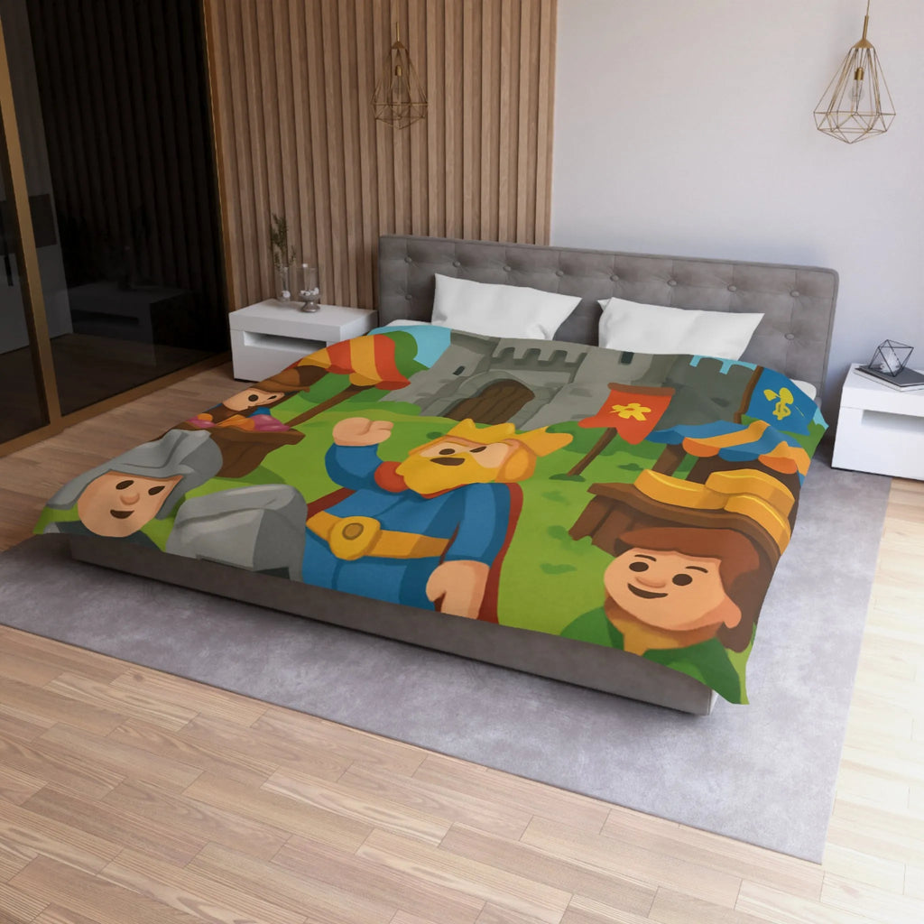 Housse de Couette Ludique Moyen Âge Château Roi et Marché Animé Coloré