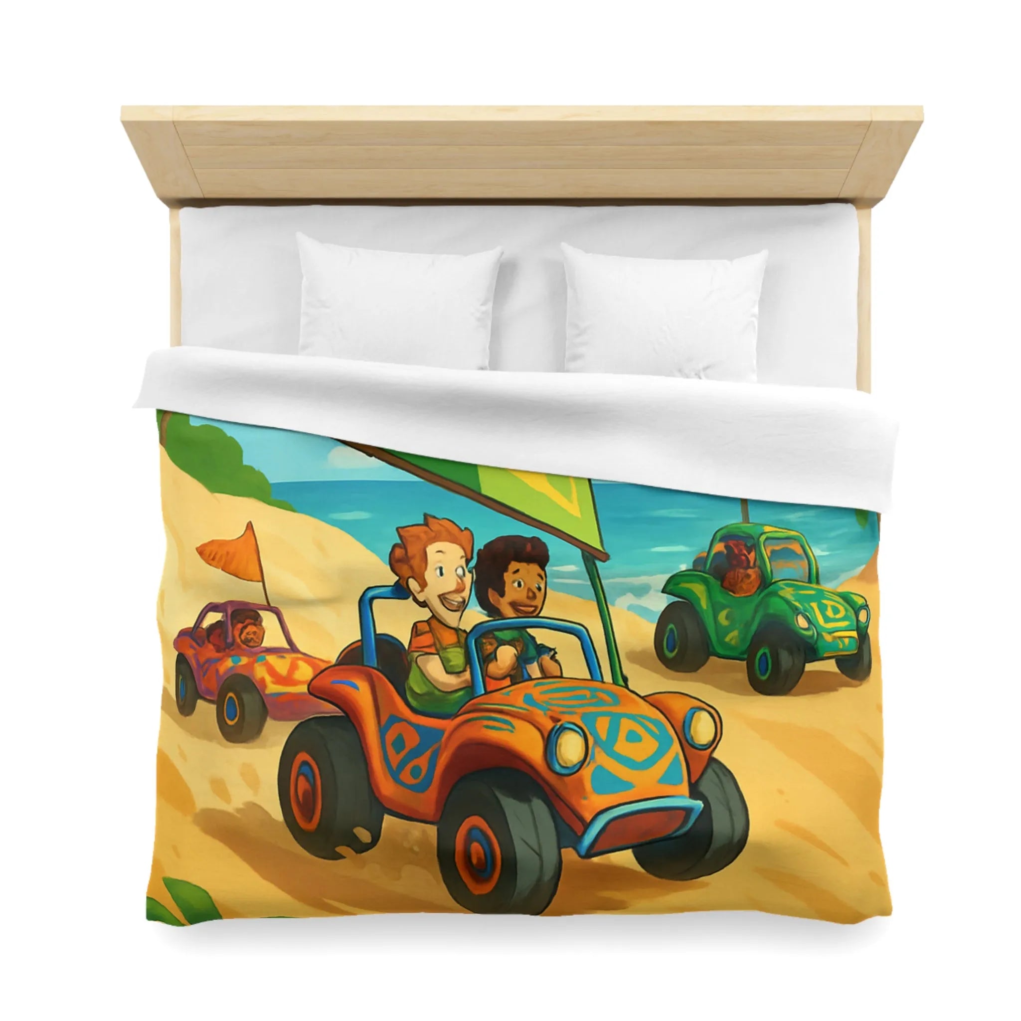 Housse de couette colorée avec motif voitures de plage et palmiers tropicaux