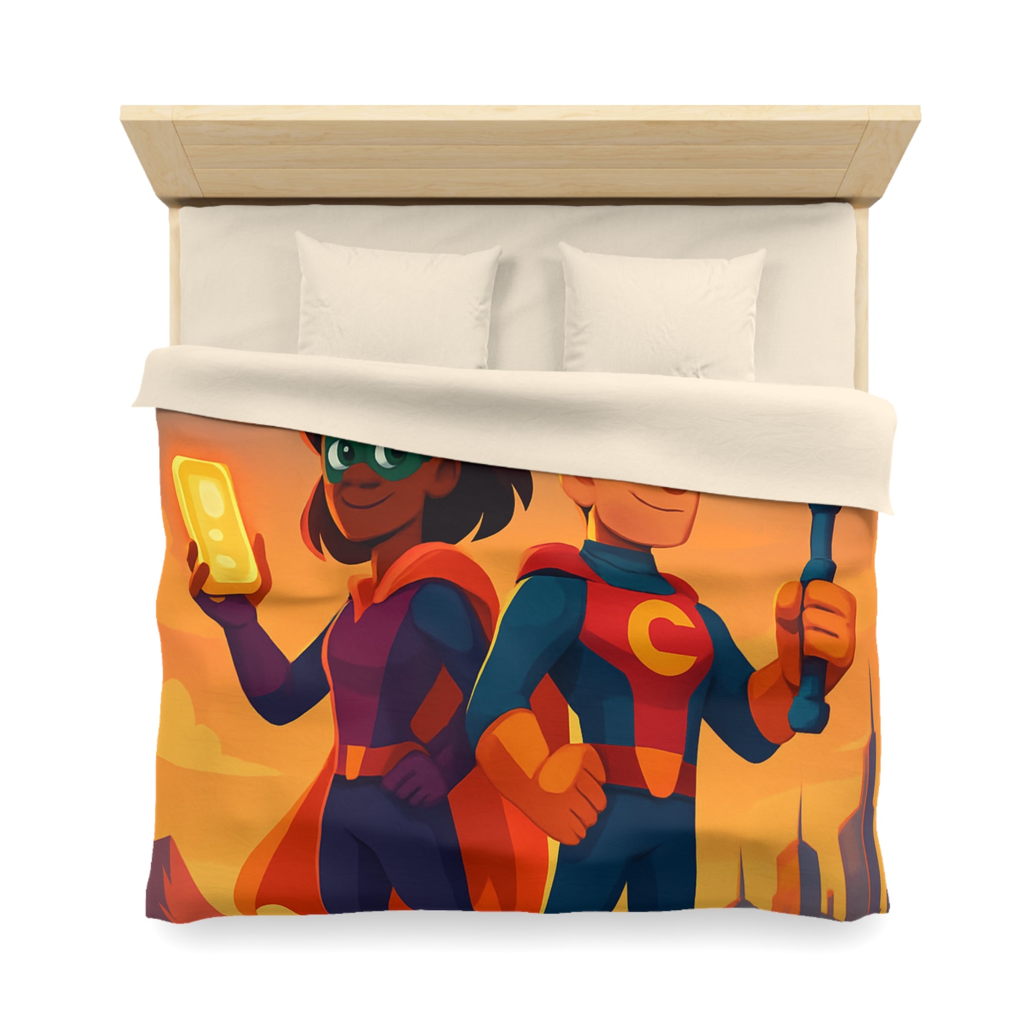 Super-héros Enfantins avec Drones dans Paysage Urbain Coloré Crépusculaire Illustré