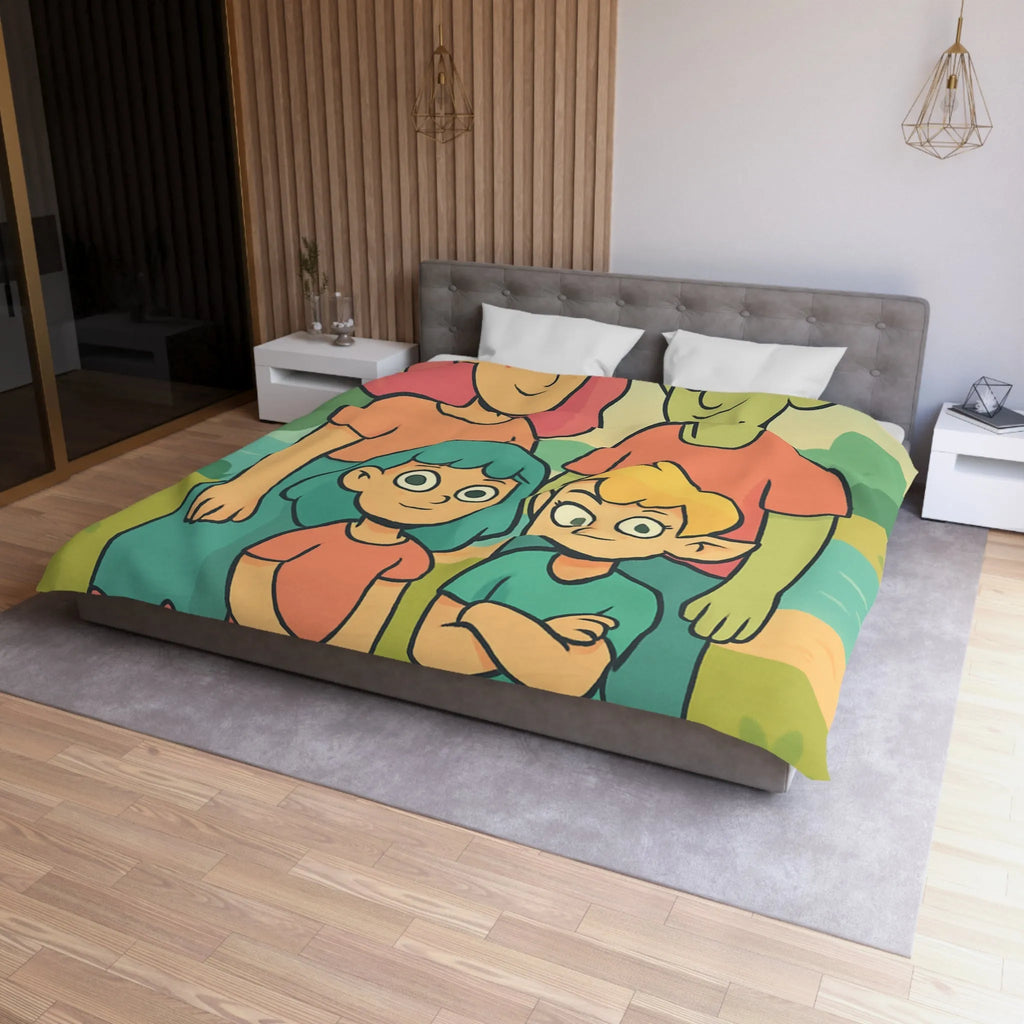Housse de couette chaleureuse illustrant une famille enchantée et ses animaux compagnons ludiques