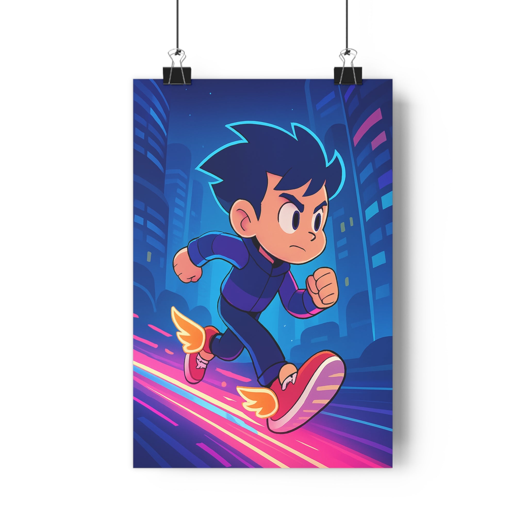 Poster décoratif animation néon futuriste bleu rose dynamique enfant chambre moderne vibrant course qualité