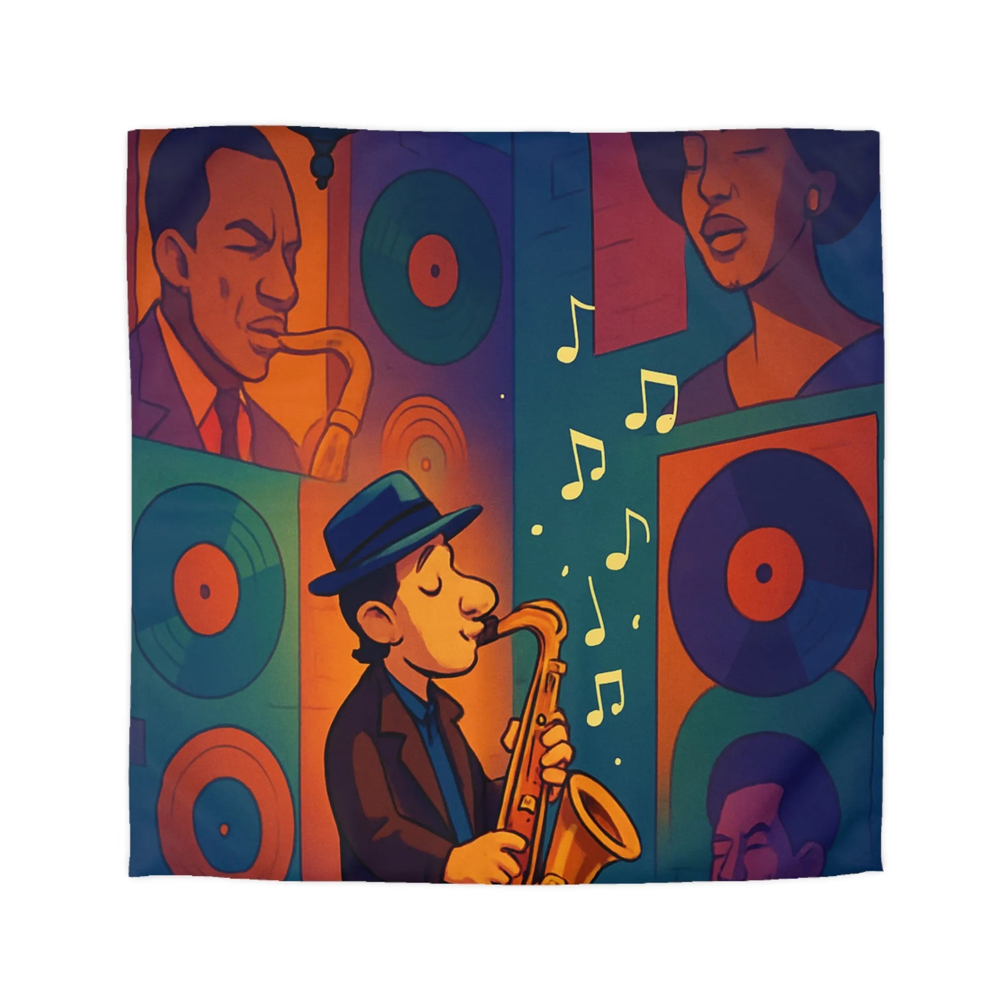 Housse de couette jazz vintage avec saxophoniste et portraits emblématiques en couleurs vibrantes