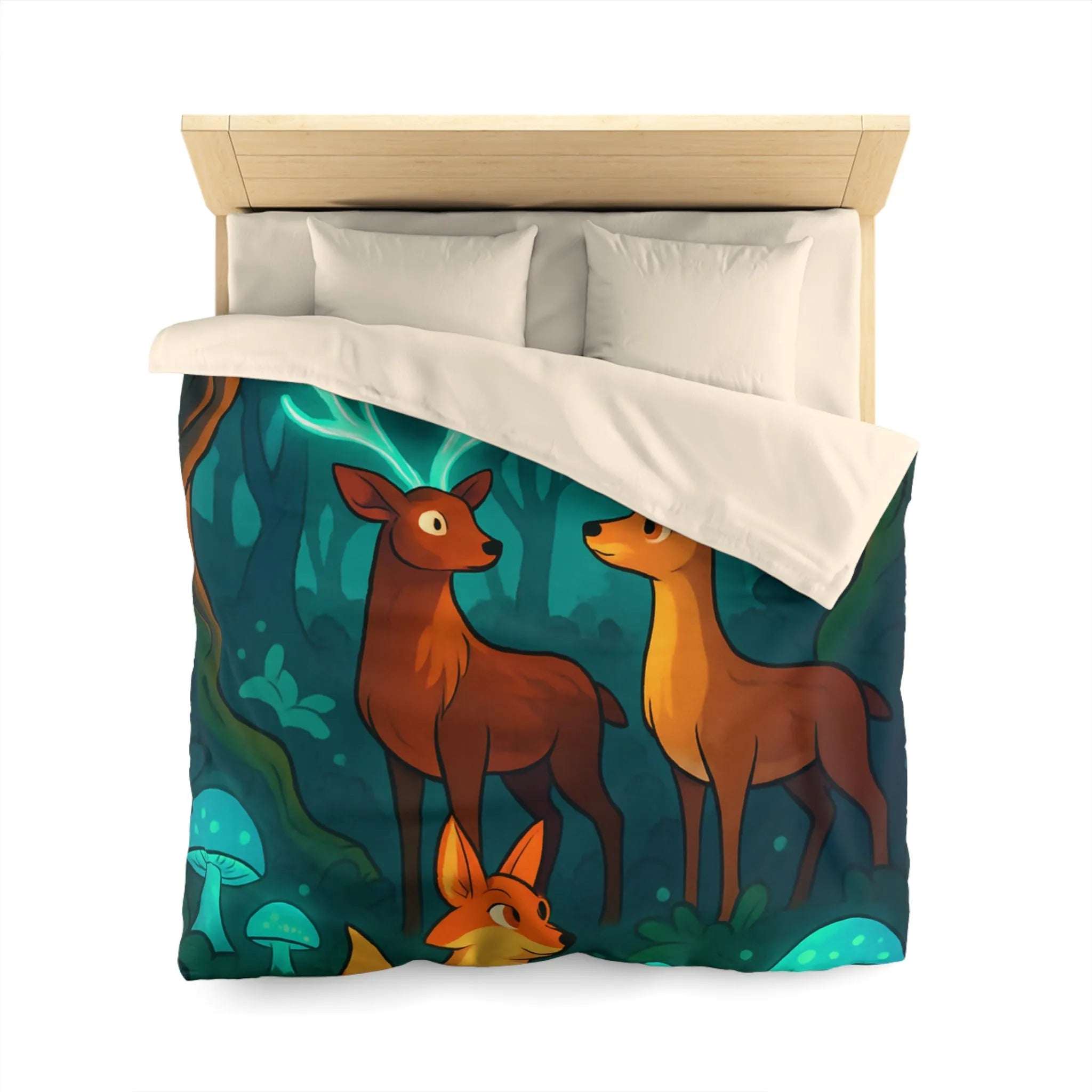 Housse de couette avec animaux de forêt et champignons sous lumière lunaire magique
