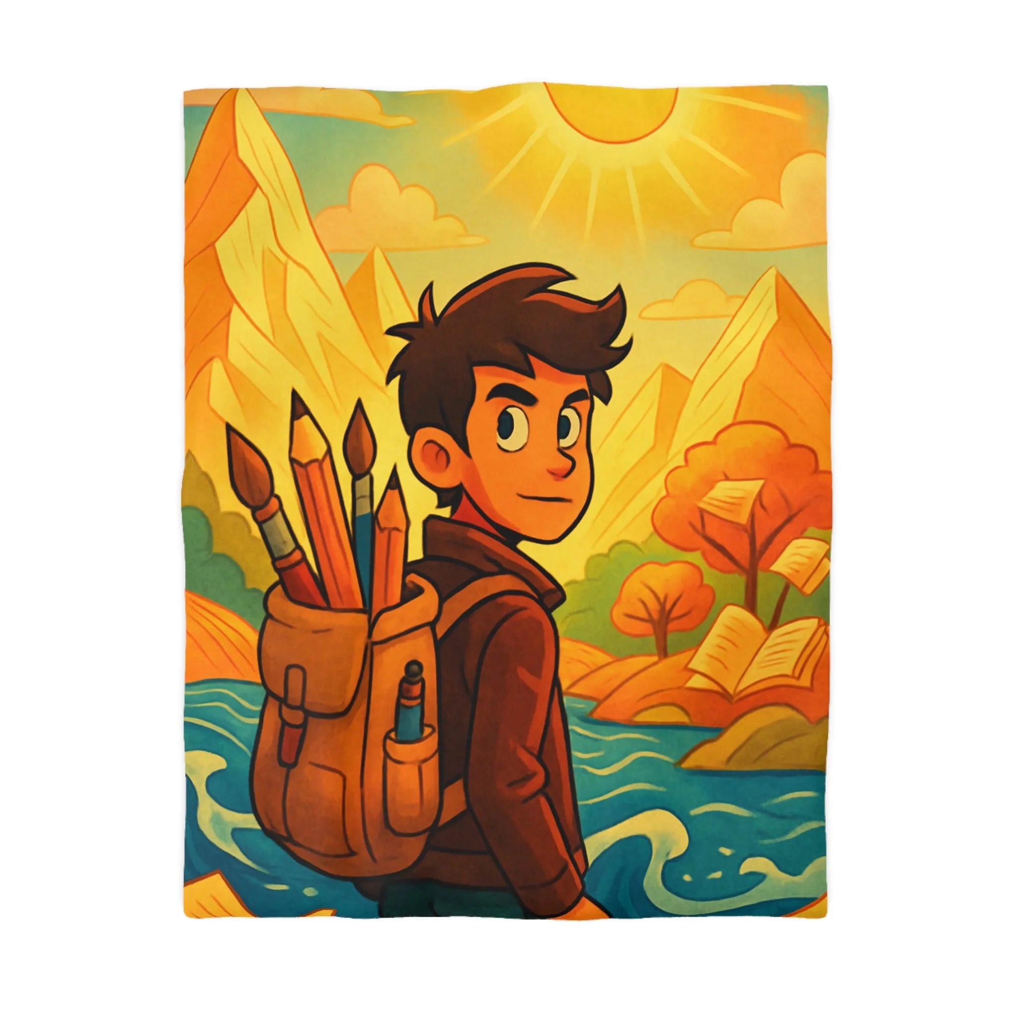 Housse de couette artistique colorée avec paysage lumineux et personnage aventureux dessiné
