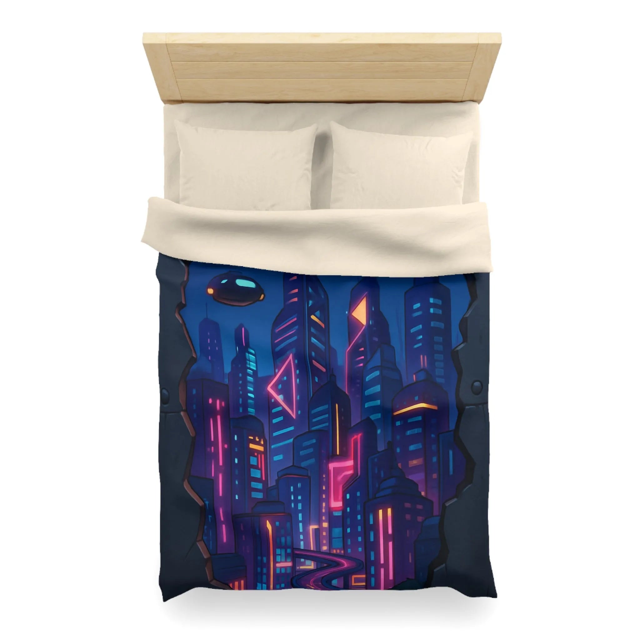 Housse de couette futuriste avec ville néon et vaisseaux spatiaux illuminés