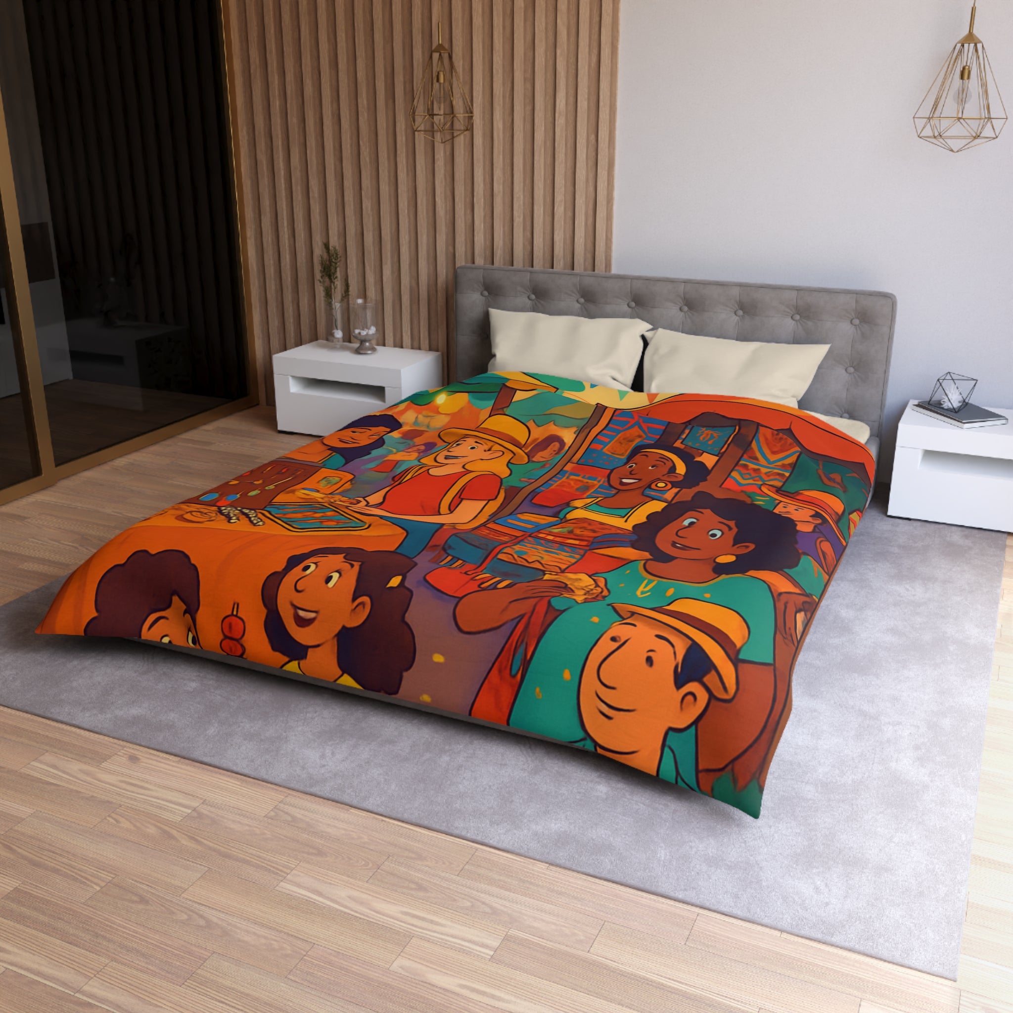 Housse de couette pour enfants avec design marché coloré de nuit animé et festif