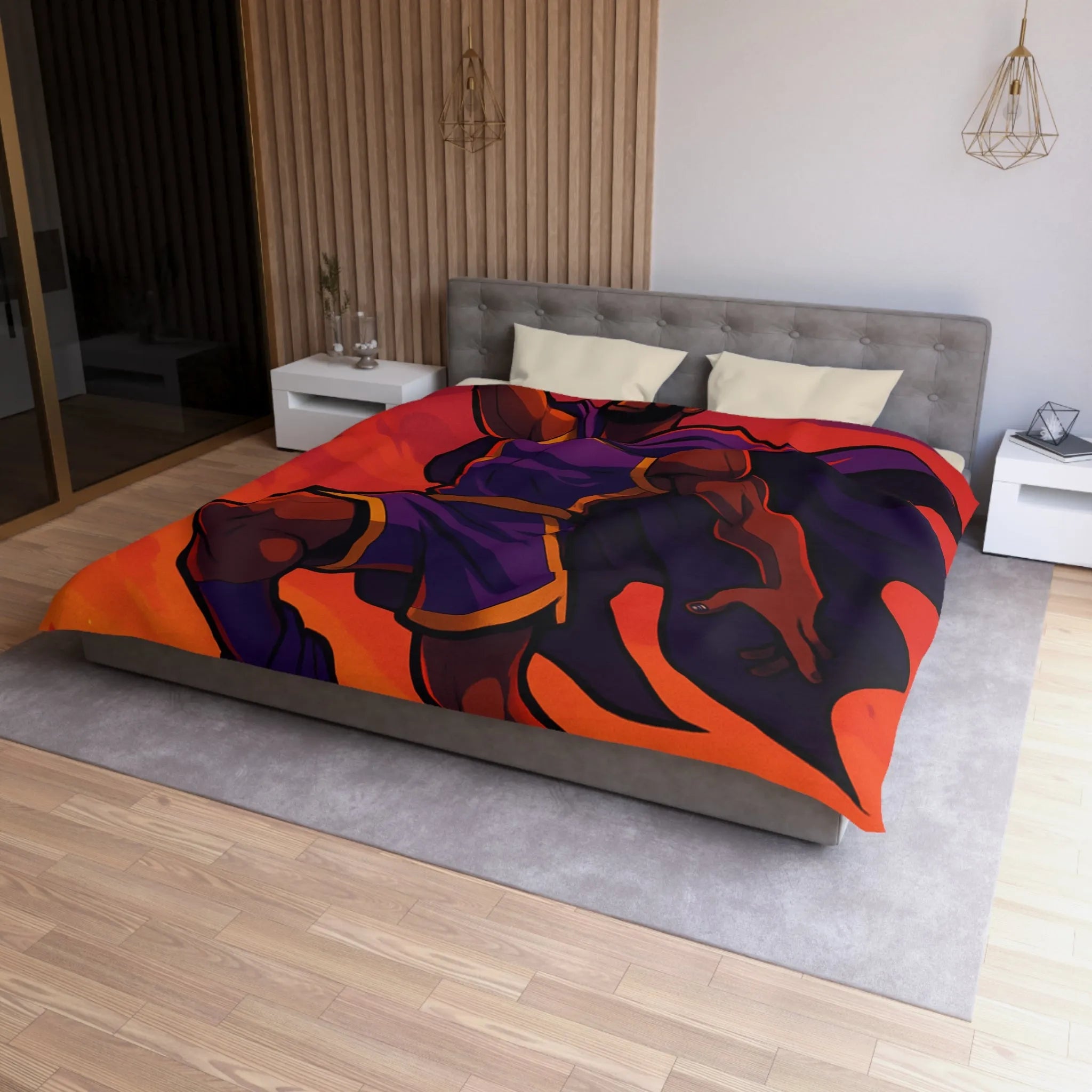 Housse de couette homme volant avec cape et ballon lumineux sur fond orange