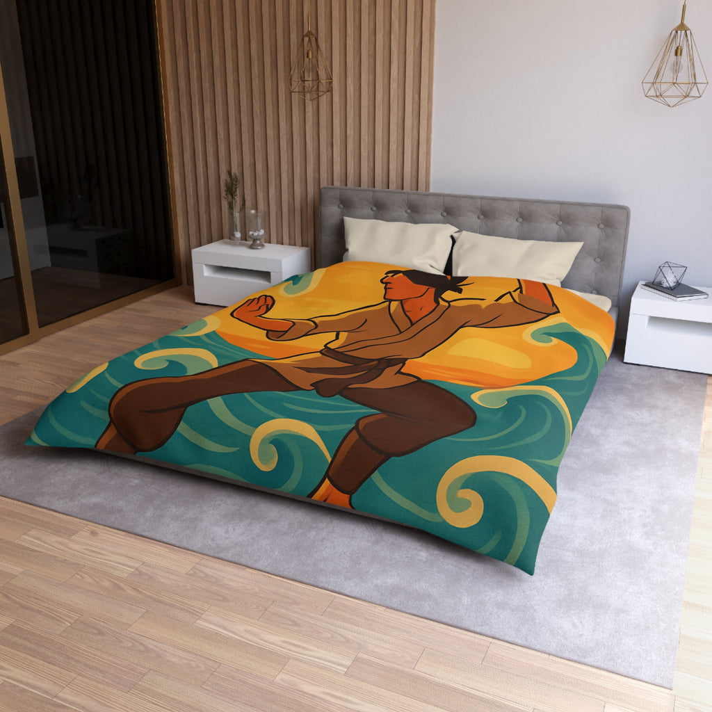 Housse de Couette Style Japonais Art Martial Coucher de Soleil et Océan Bleu