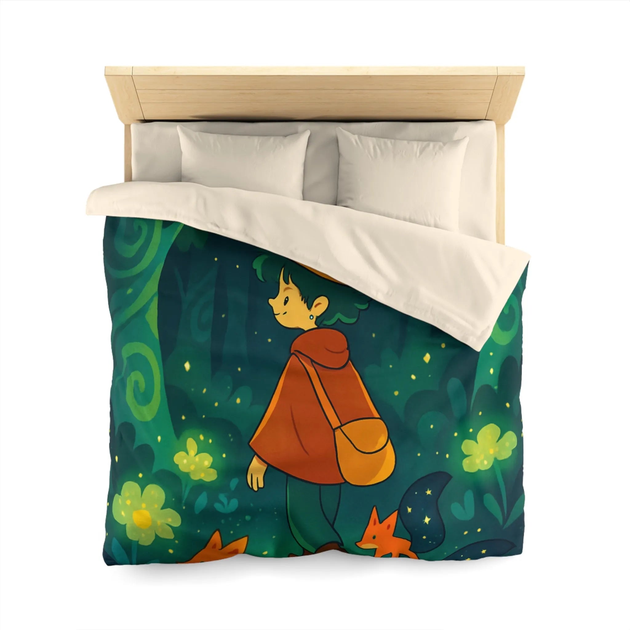 Housse de Couette Forêt Enchantée Enfants Renards Orange Jaune Vert Fantaisie Nuit