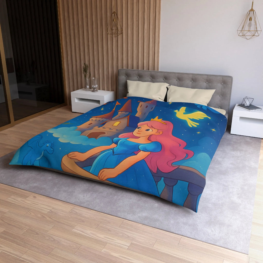 Housse de Couette Enfant Représentant Princesse et Dragons dans un Ciel Nocturne Magique