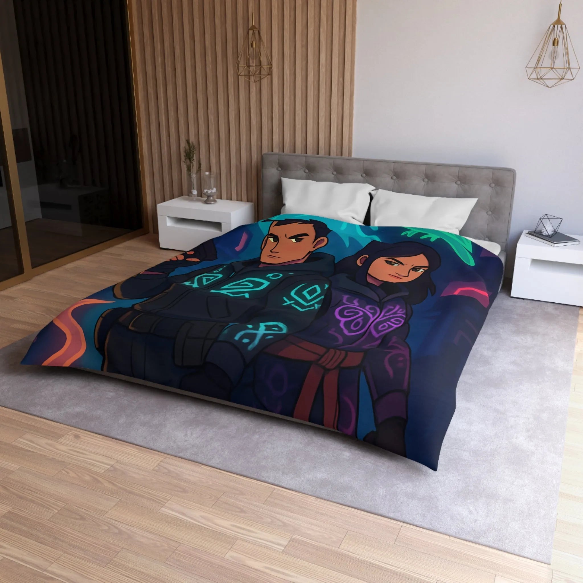 Housse de couette avec motifs mystiques de loup et hibou luminescents en néon urbain