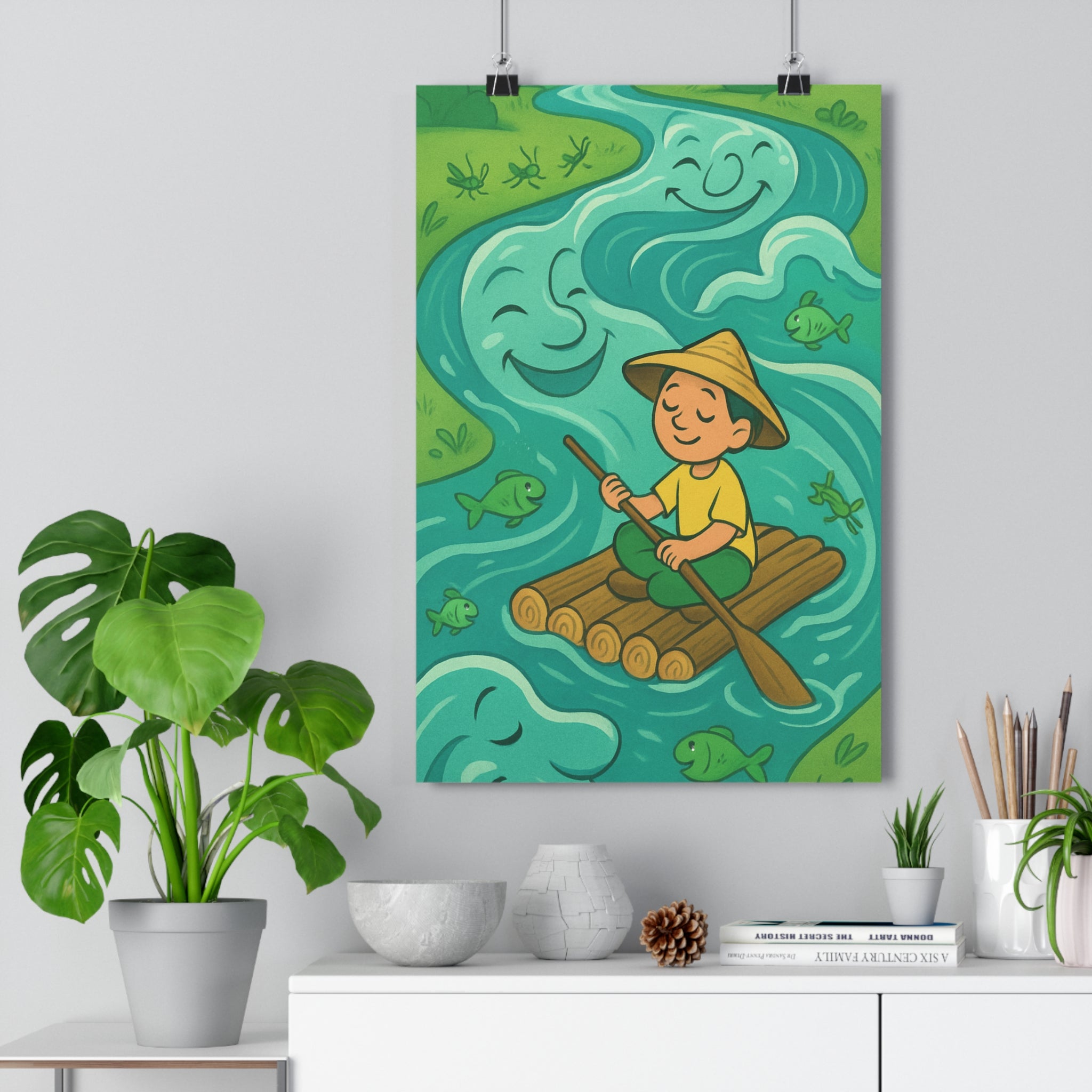 Poster décoratif enfant dessin animé vert joyeux rivière poissons paysage chambre nature gaieté qualité