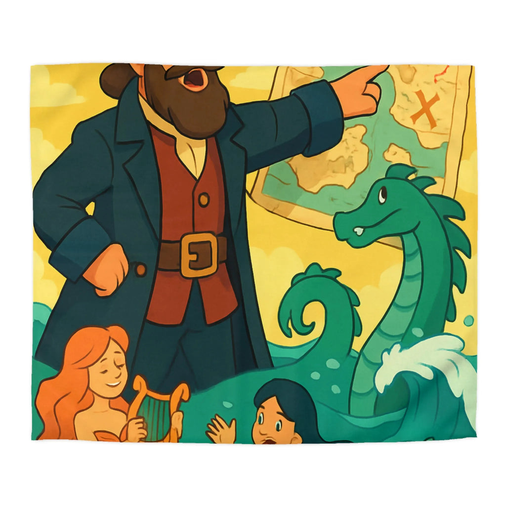 Housse de couette illustrée pirate avec carte, sirènes et monstre marin ludique
