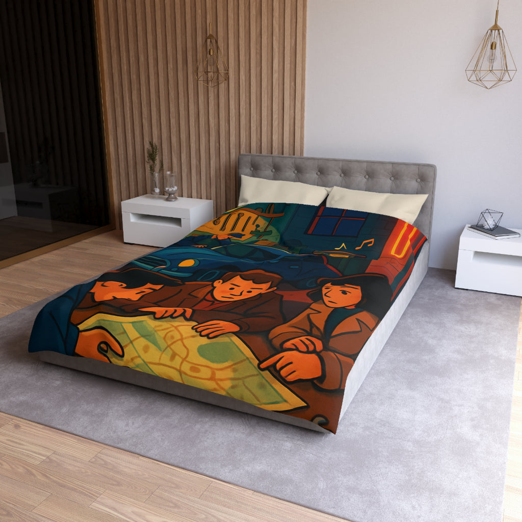 Housse de couette vintage ambiance atelier auto avec carte et personnages concentrés