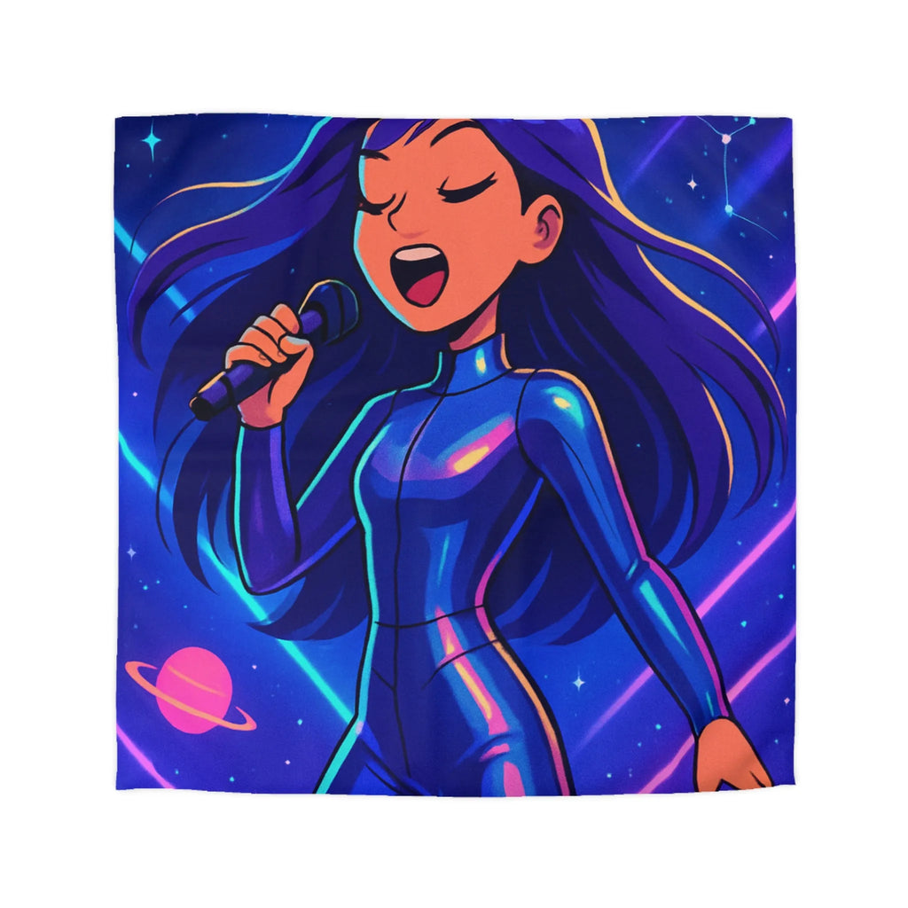 "Housse de couette galaxie: chanteuse en combinaison bleue avec planètes et étoiles brillantes"