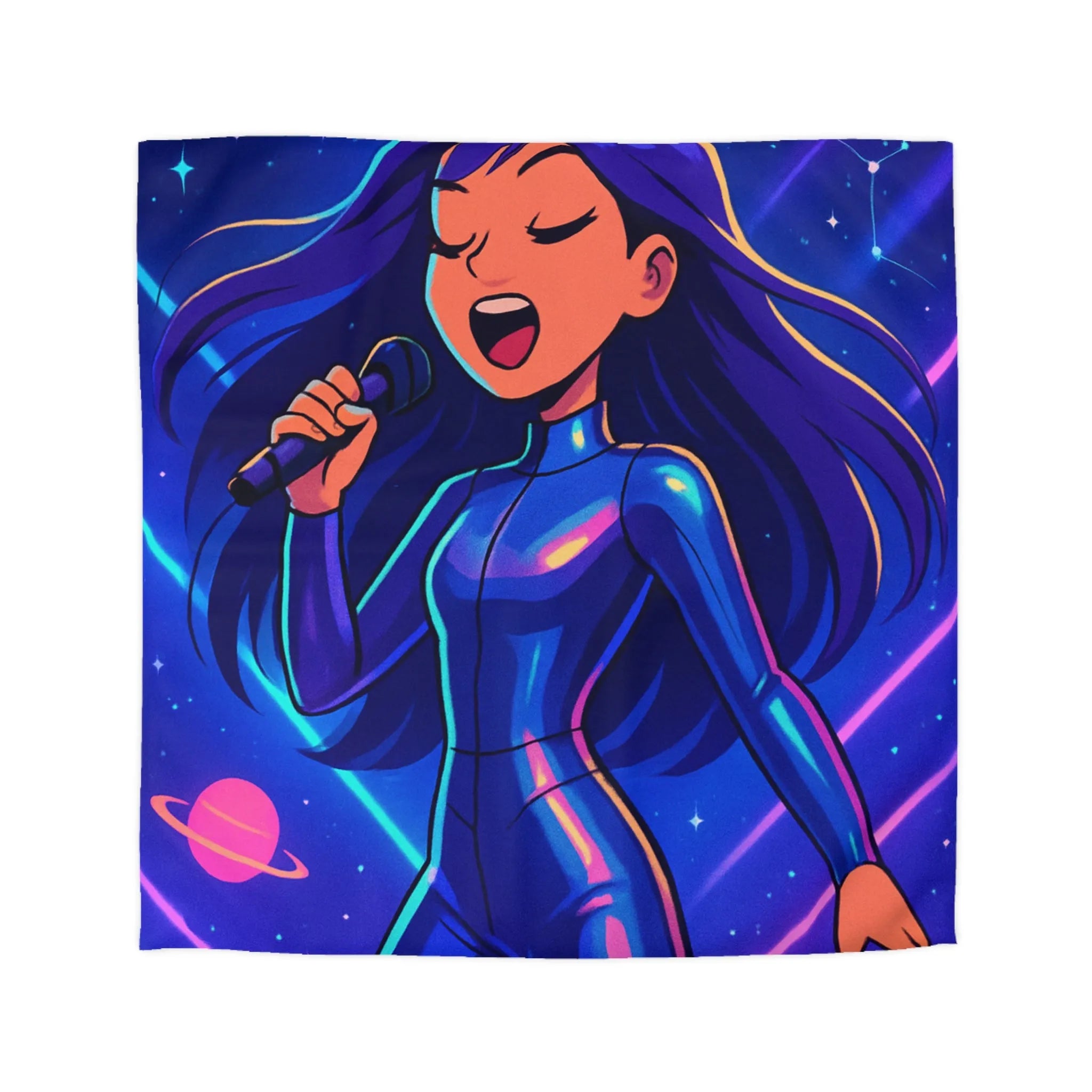 "Housse de couette galaxie: chanteuse en combinaison bleue avec planètes et étoiles brillantes"