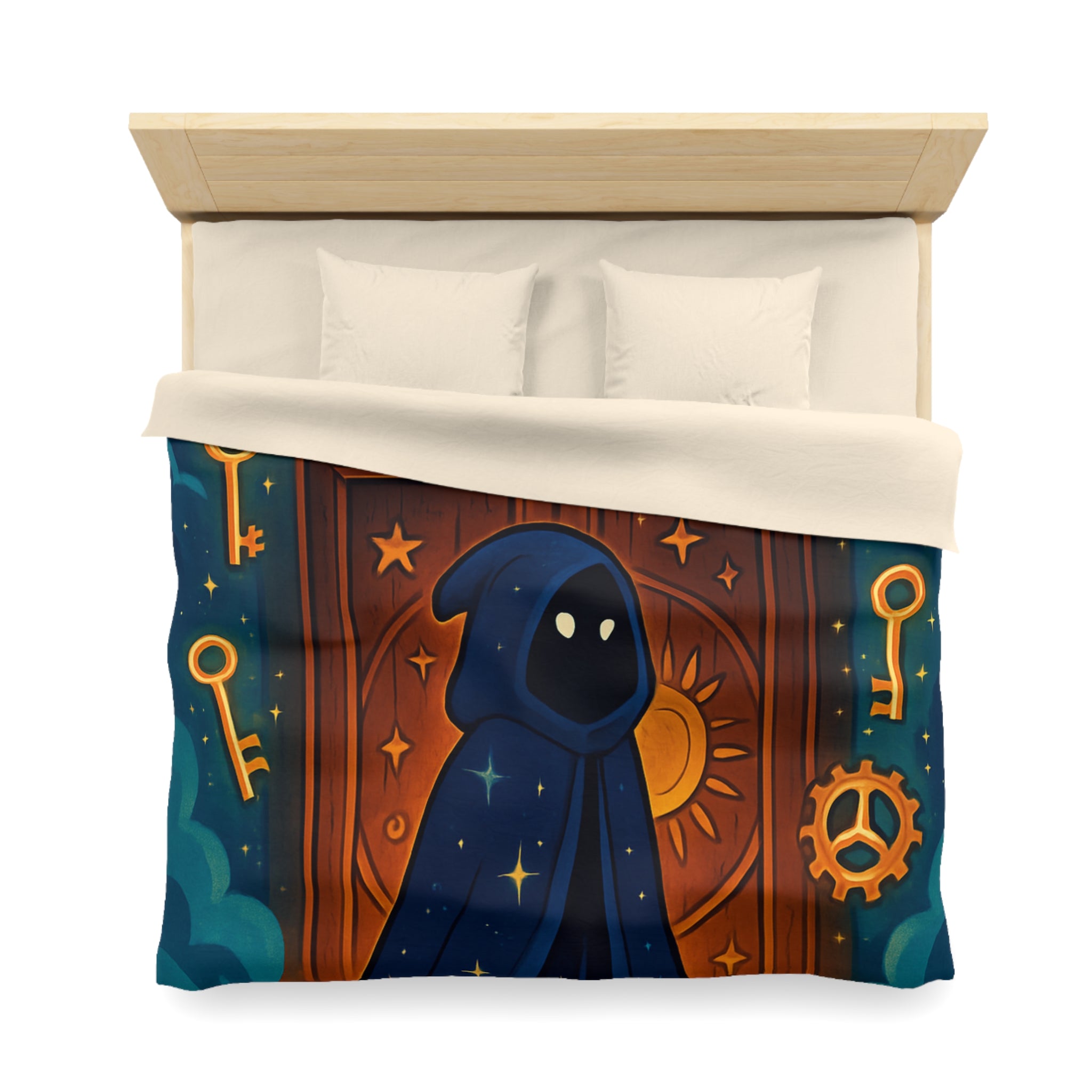 Housse de couette mystique avec capuche étoilée, porte magique et clés dorées