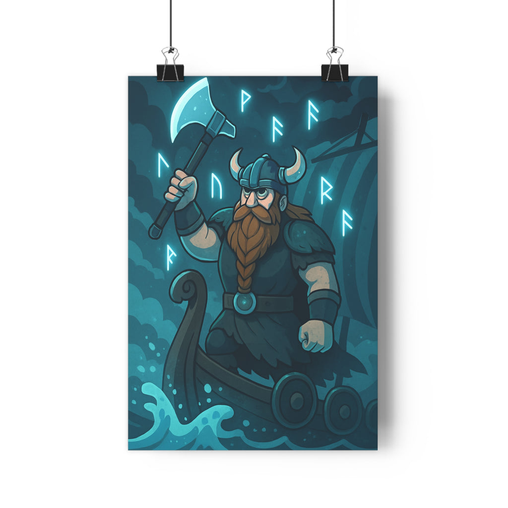 Poster décoratif guerrier nordique drakkar bleu noir épique mystique salon chambre dessin animé 30x46