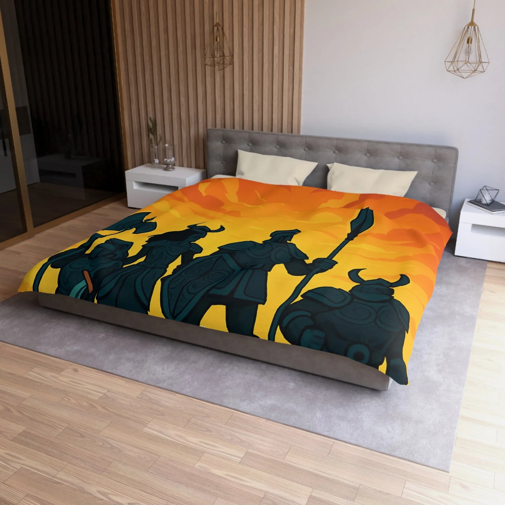 Housse de couette épique avec guerriers sous ciel flamboyant pour décoration médiévale