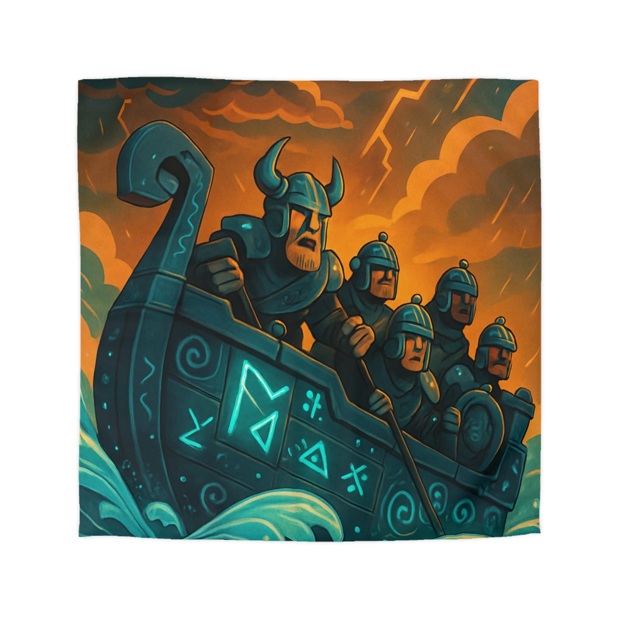 Housse de Couette Motif Vikings en Bateau sous Orage Céleste Féroce et Saisissant