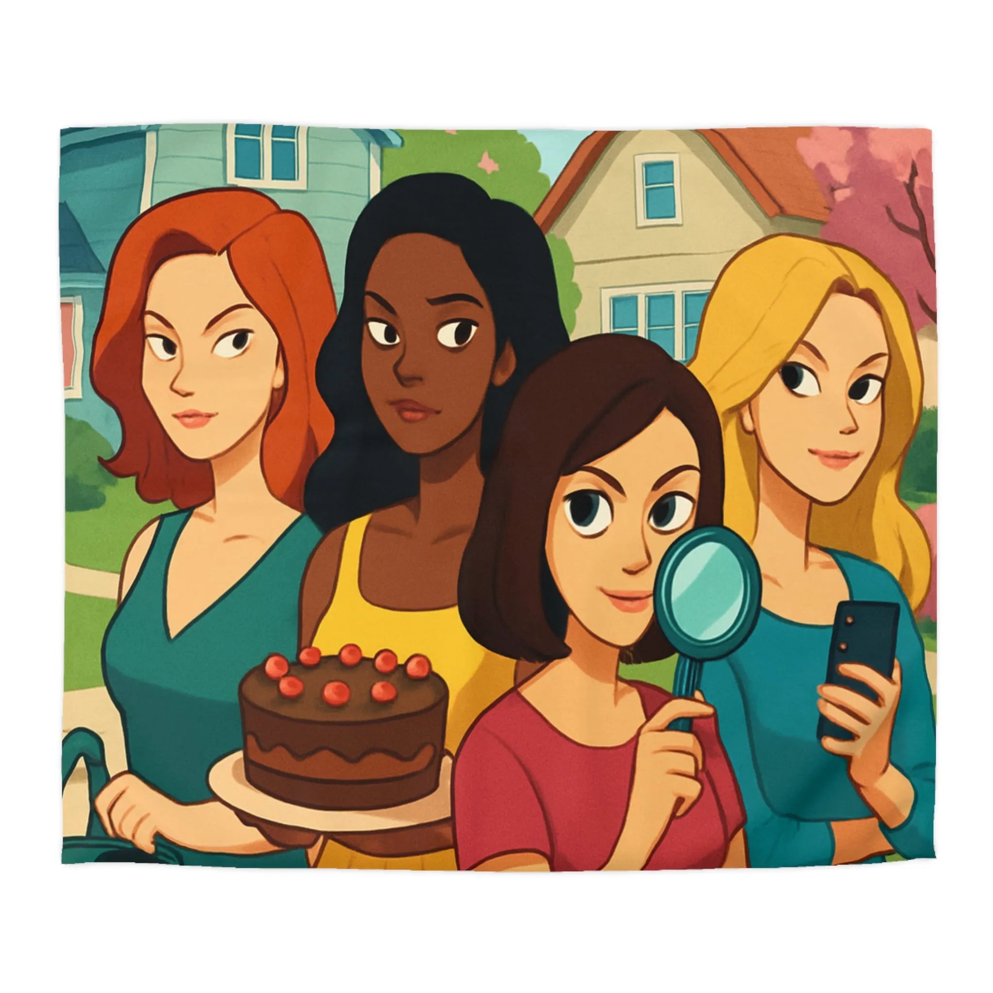 Housse de Couette Illustrée Fête Femme Jardin avec Loupe Gâteau et Téléphone