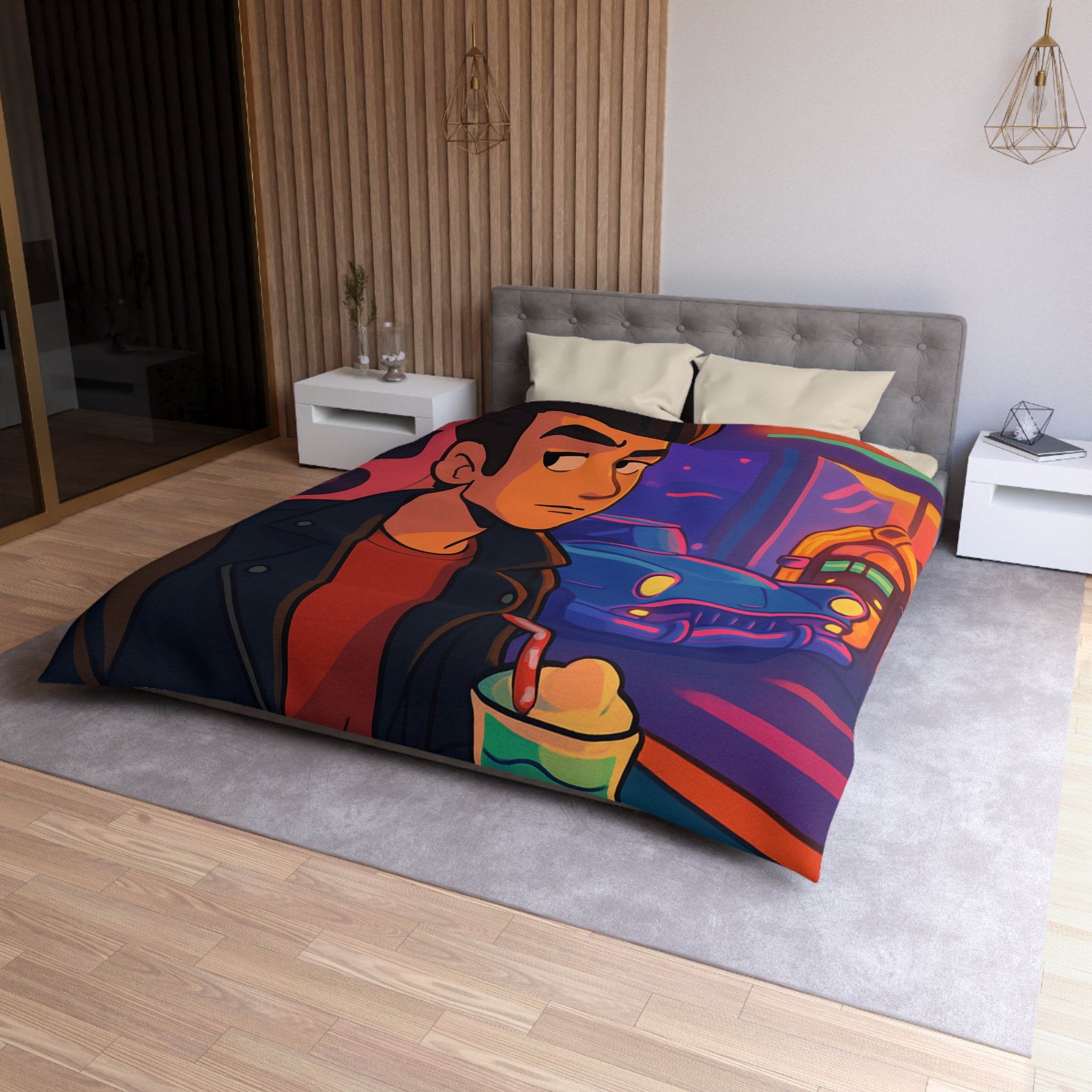 Housse de couette rétro avec voiture vintage et ambiance néon au style coloré