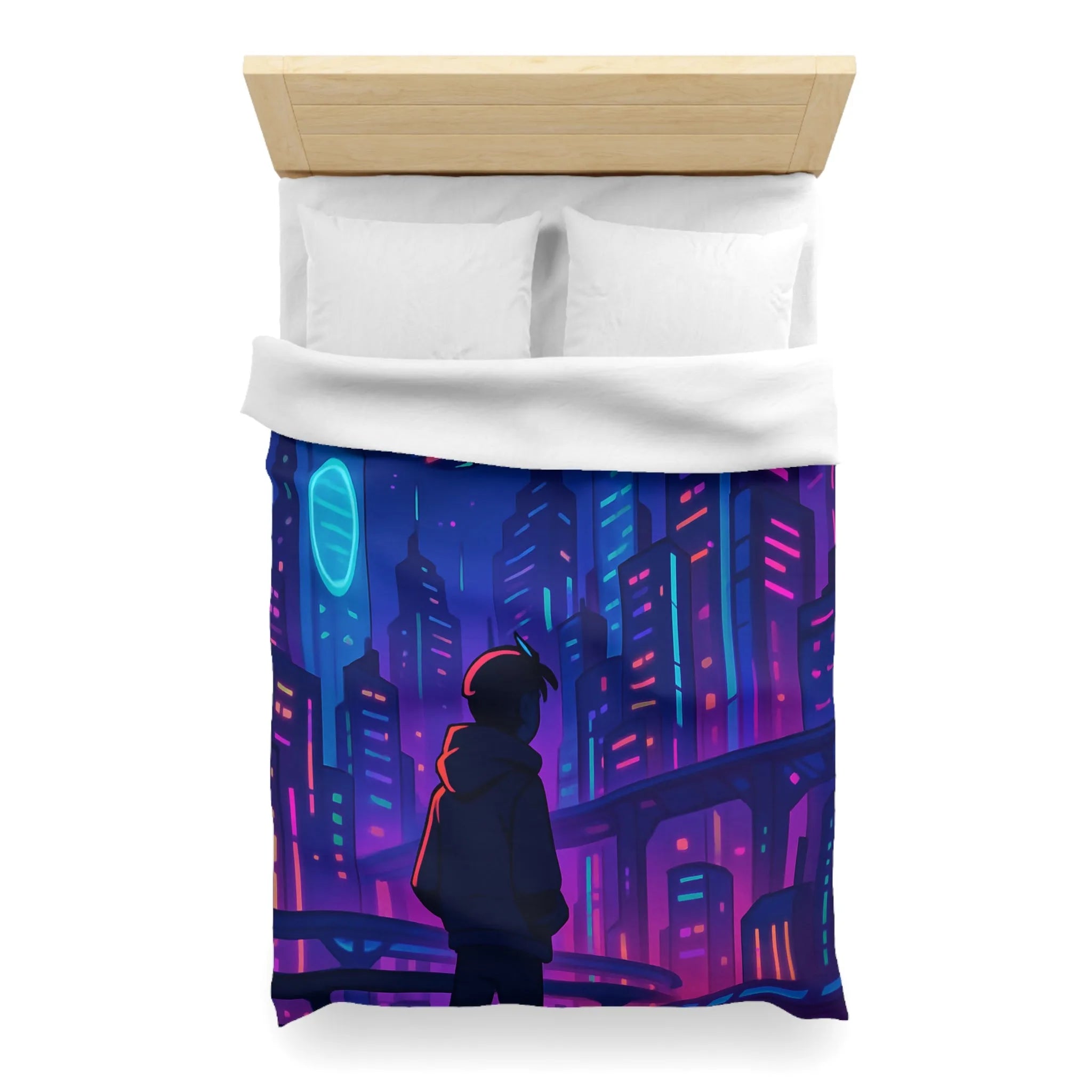 Housse de couette futuriste avec skyline néon vibrant et silhouette étoilée