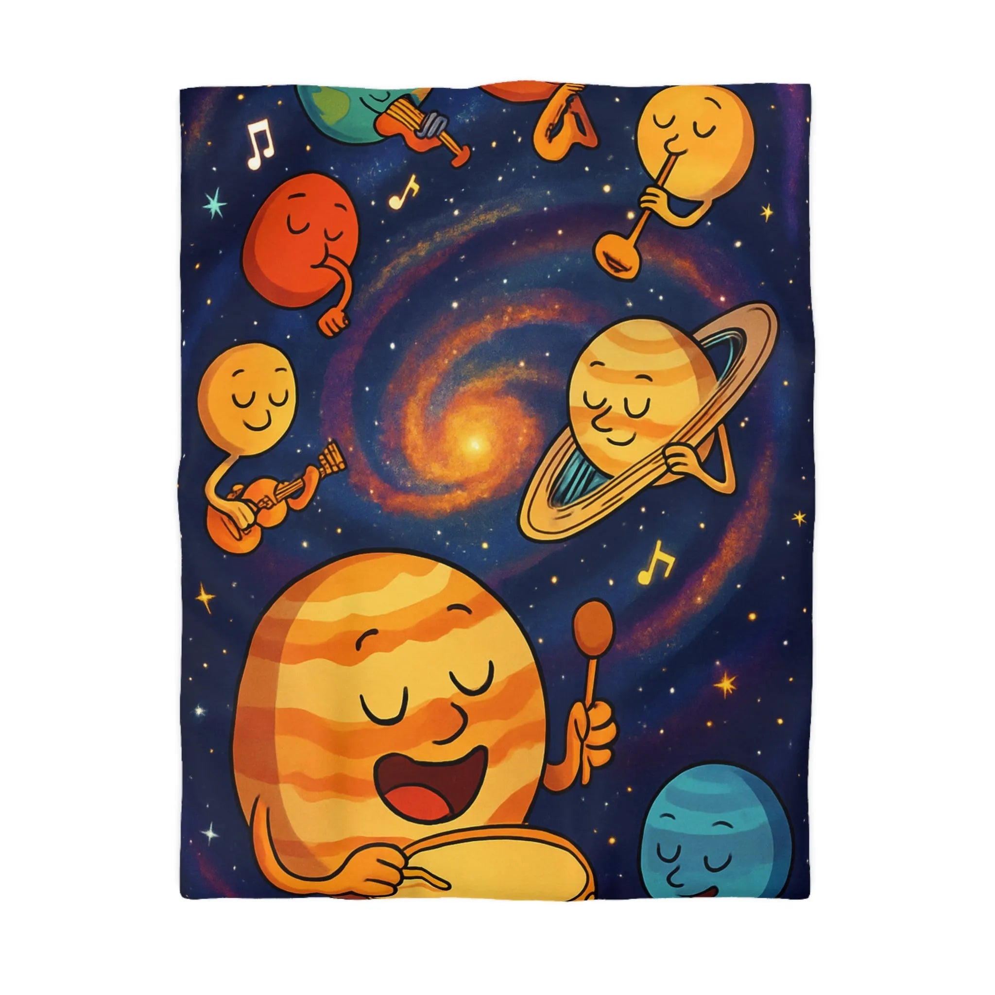 Ensemble joyeux de planètes musiciennes dans l'univers coloré pour housse de couette enfant