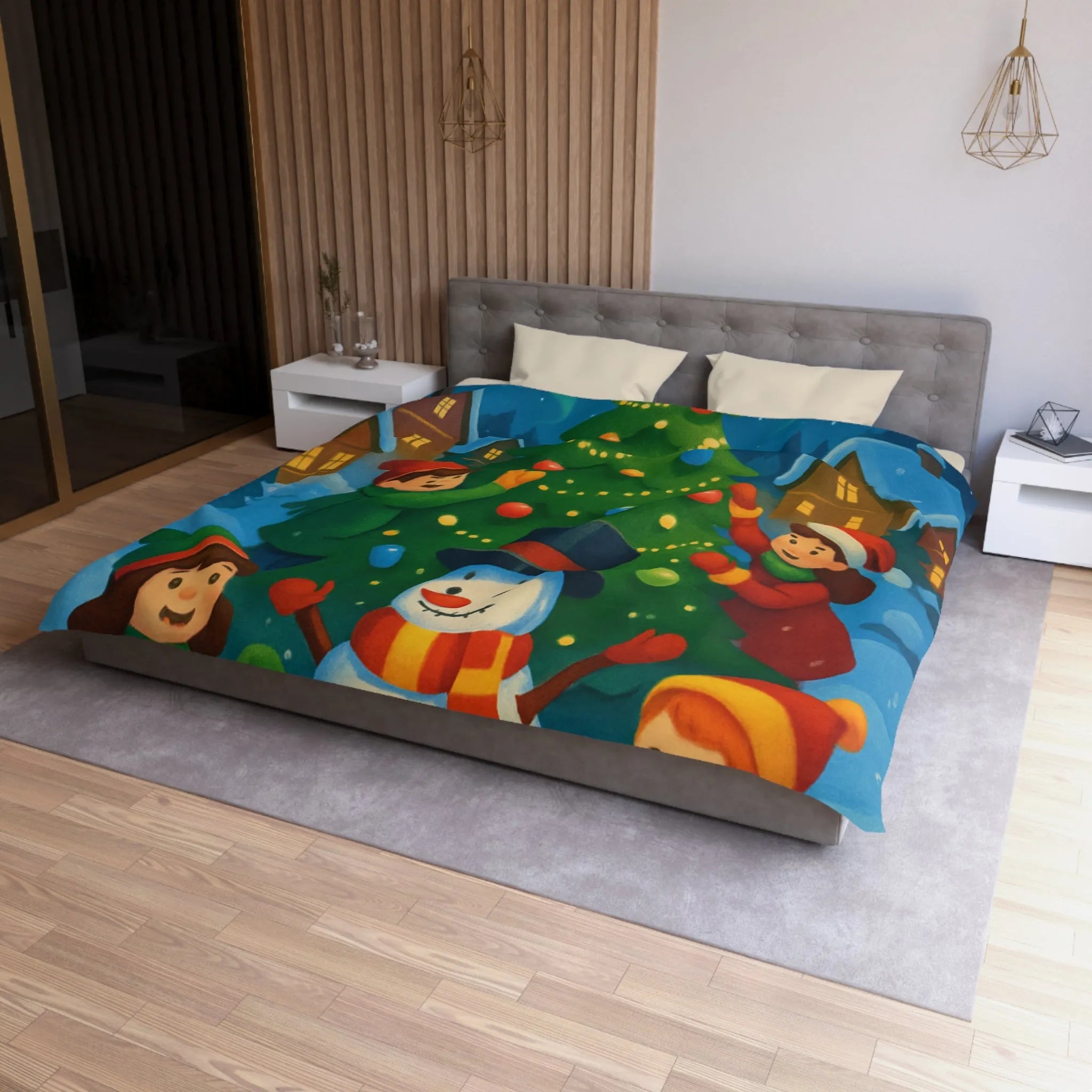 Housse de couette enfants scène festive avec bonhomme de neige et aurore boréale lumineuse