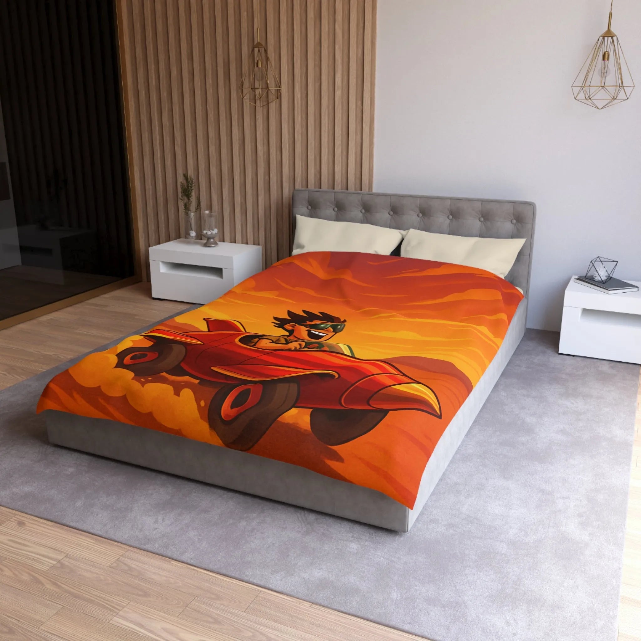 Housse de Couette Enfant Dynamique Rouge avec Avion de Course Ciel Orange