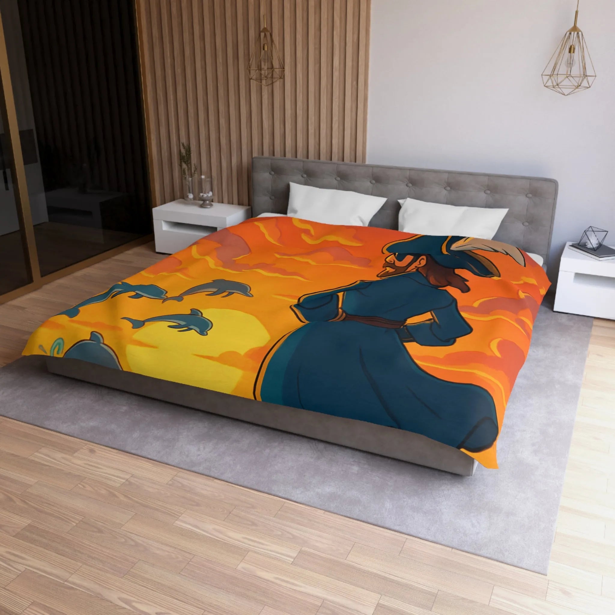 Housse de couette avec pirate contemplant dauphins sous ciel flamboyant au coucher du soleil