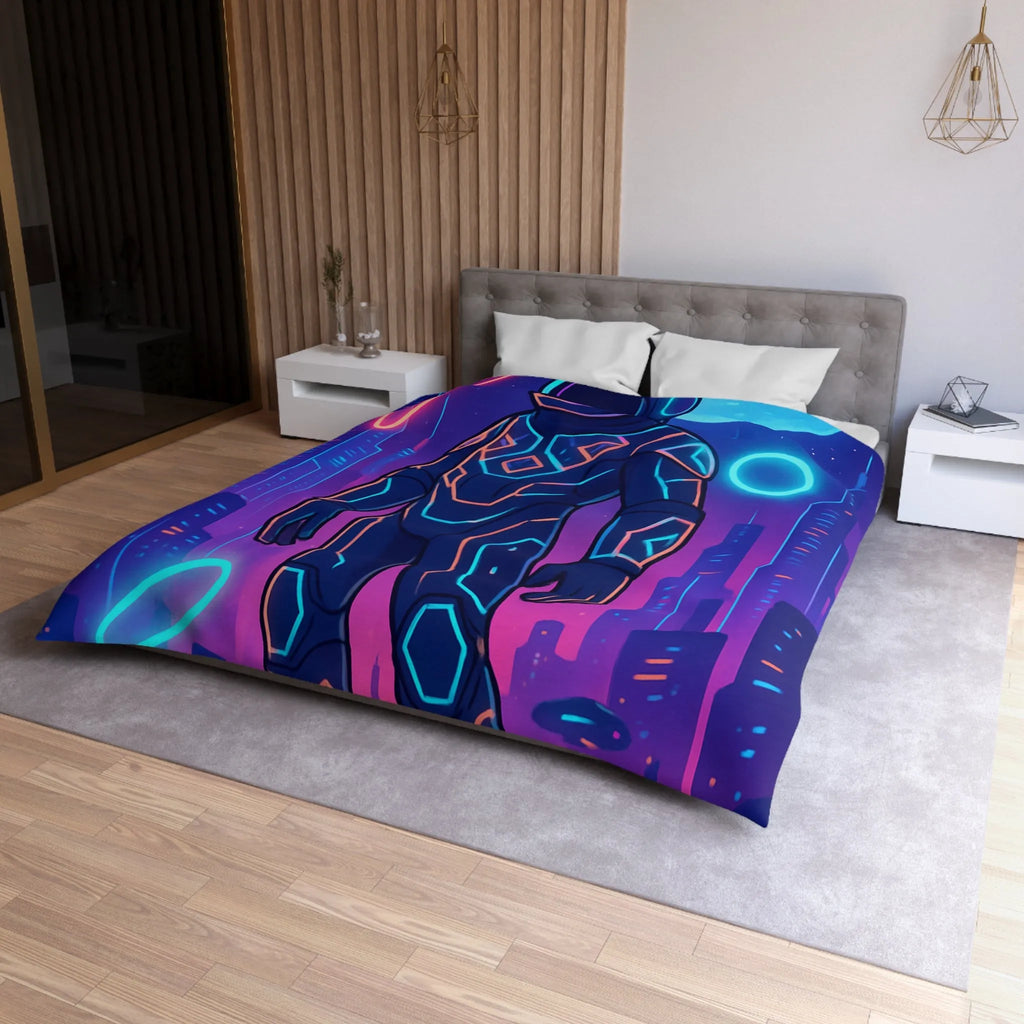 Housse de couette avec astronaute néon, skyline futuriste et vaisseaux spatiaux