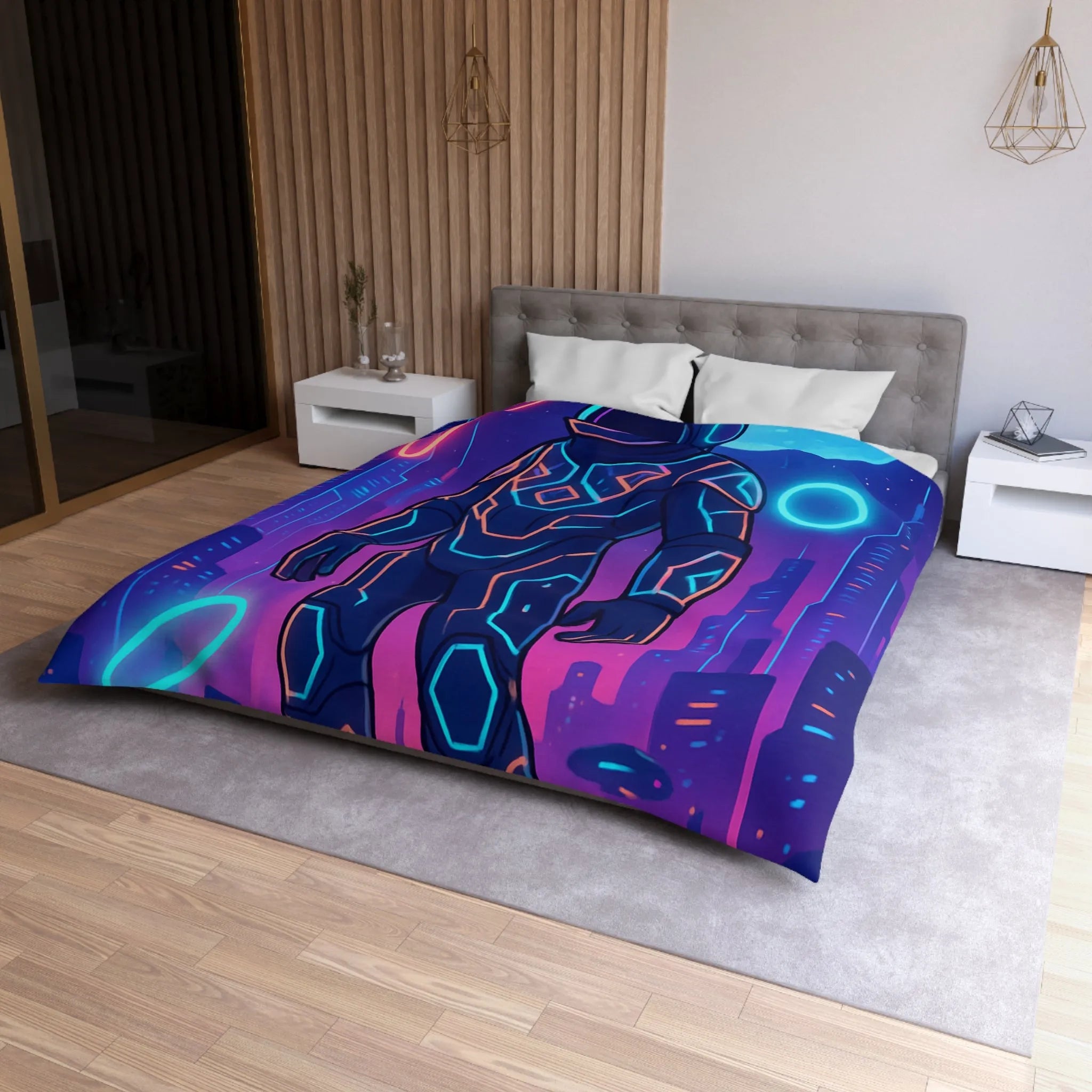 Housse de couette avec astronaute néon, skyline futuriste et vaisseaux spatiaux