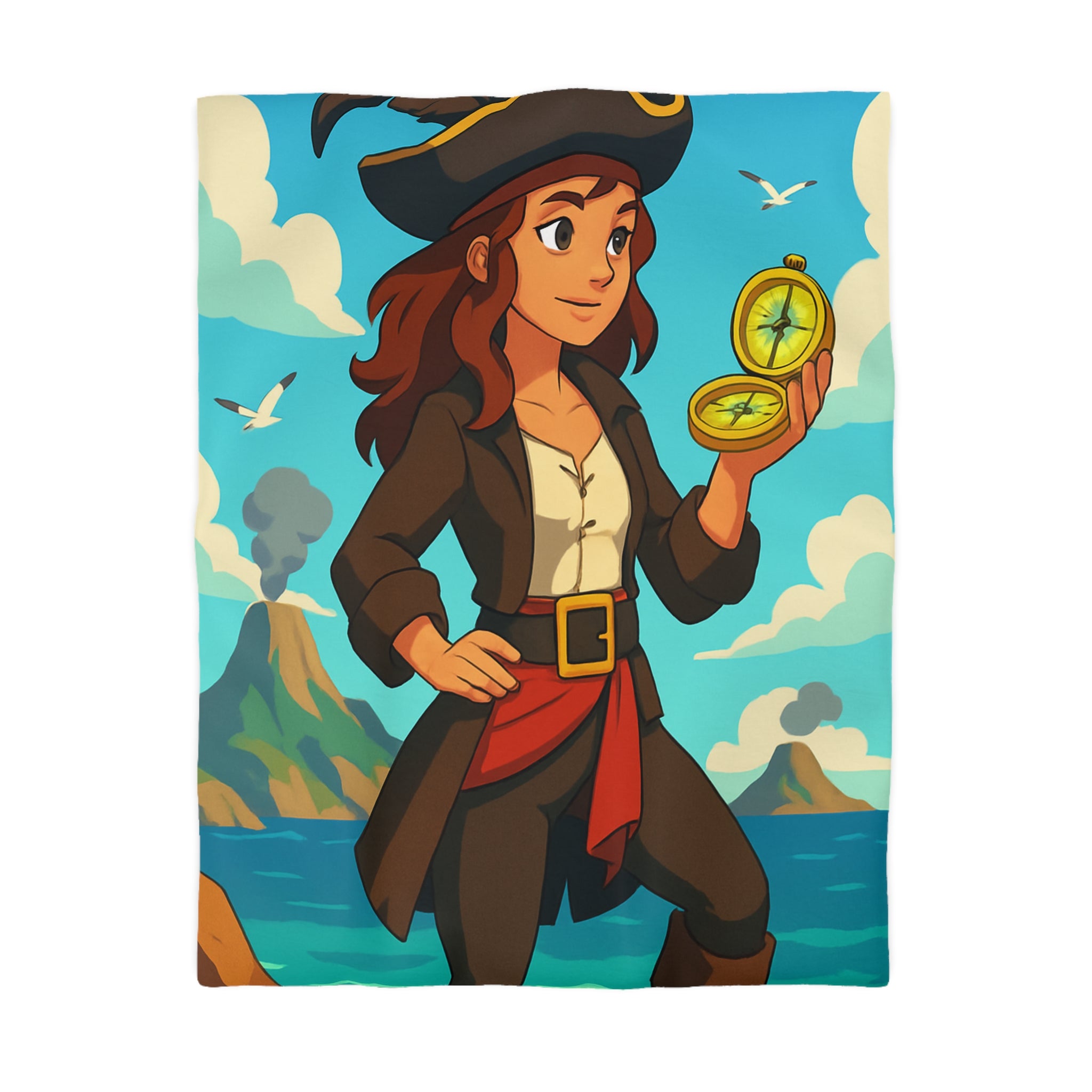 Housse de couette piraterie avec paysage maritime et aventurière avec boussole