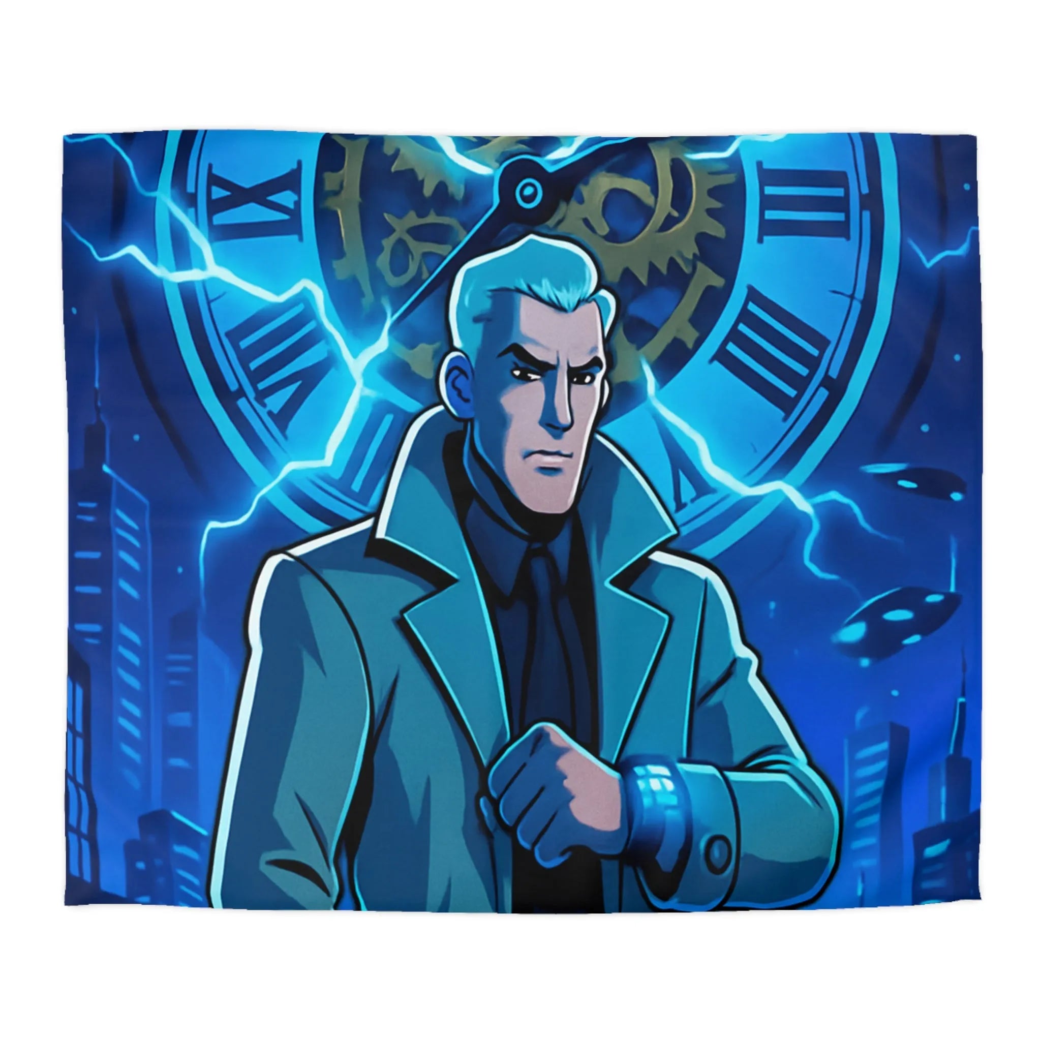 Housse de Couette Inspiration Futuriste avec Horloge Éclair et Personnage Mystérieux en Manteau