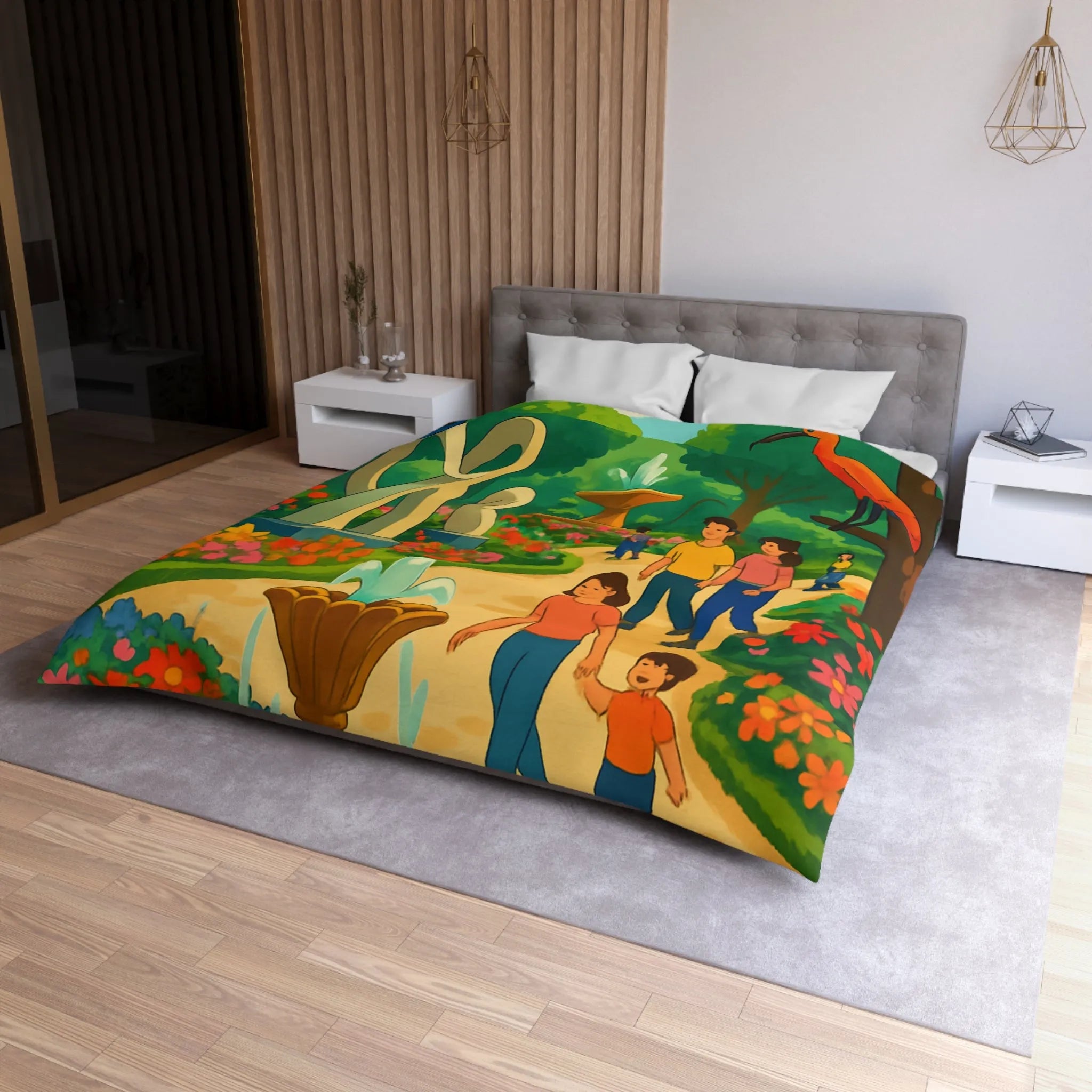 Housse de Couette Colorée Illustrant un Jardin avec Oiseaux et Familles en Promenade