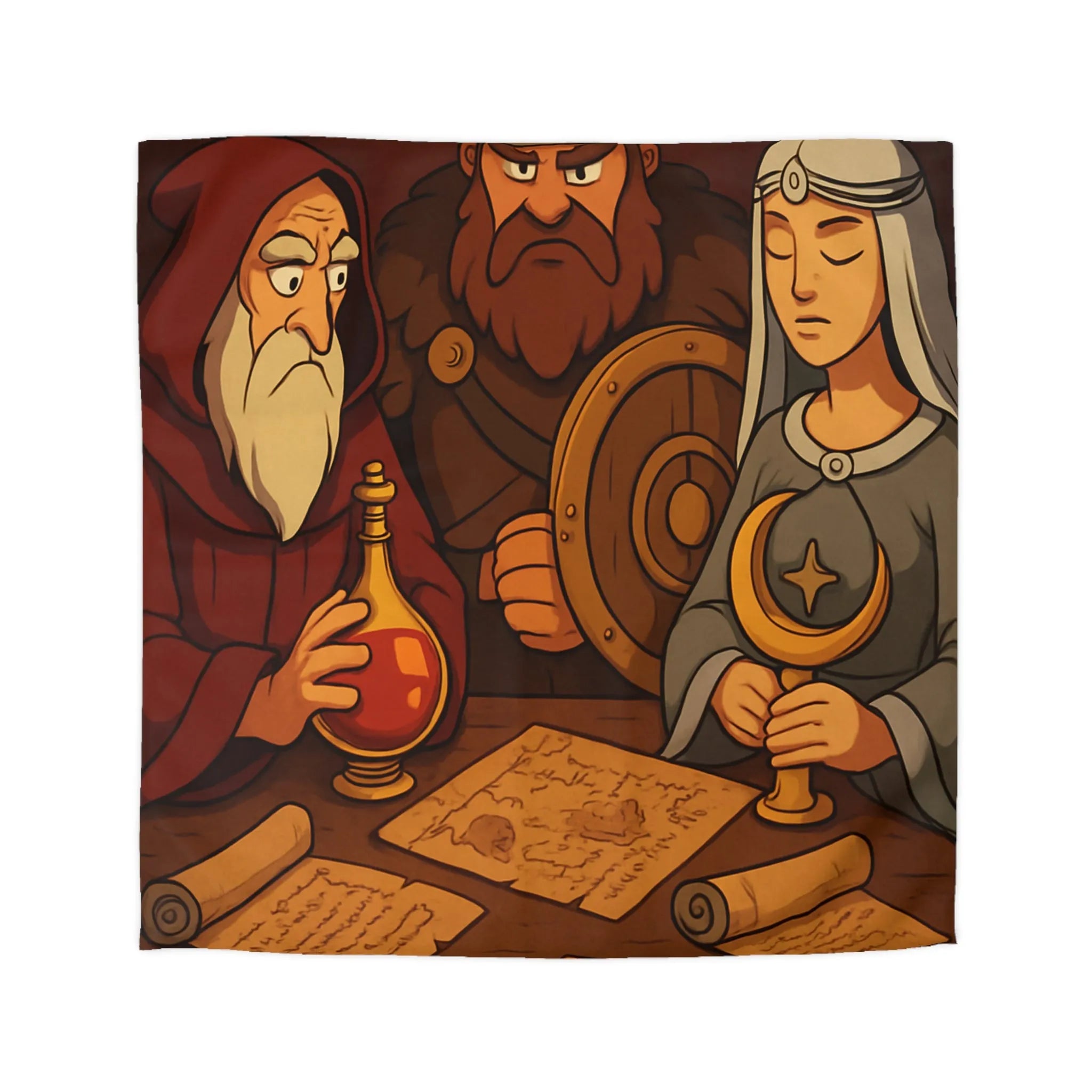 Housse de couette médiévale avec guerrier, mage et princesse tenant des artefacts anciens