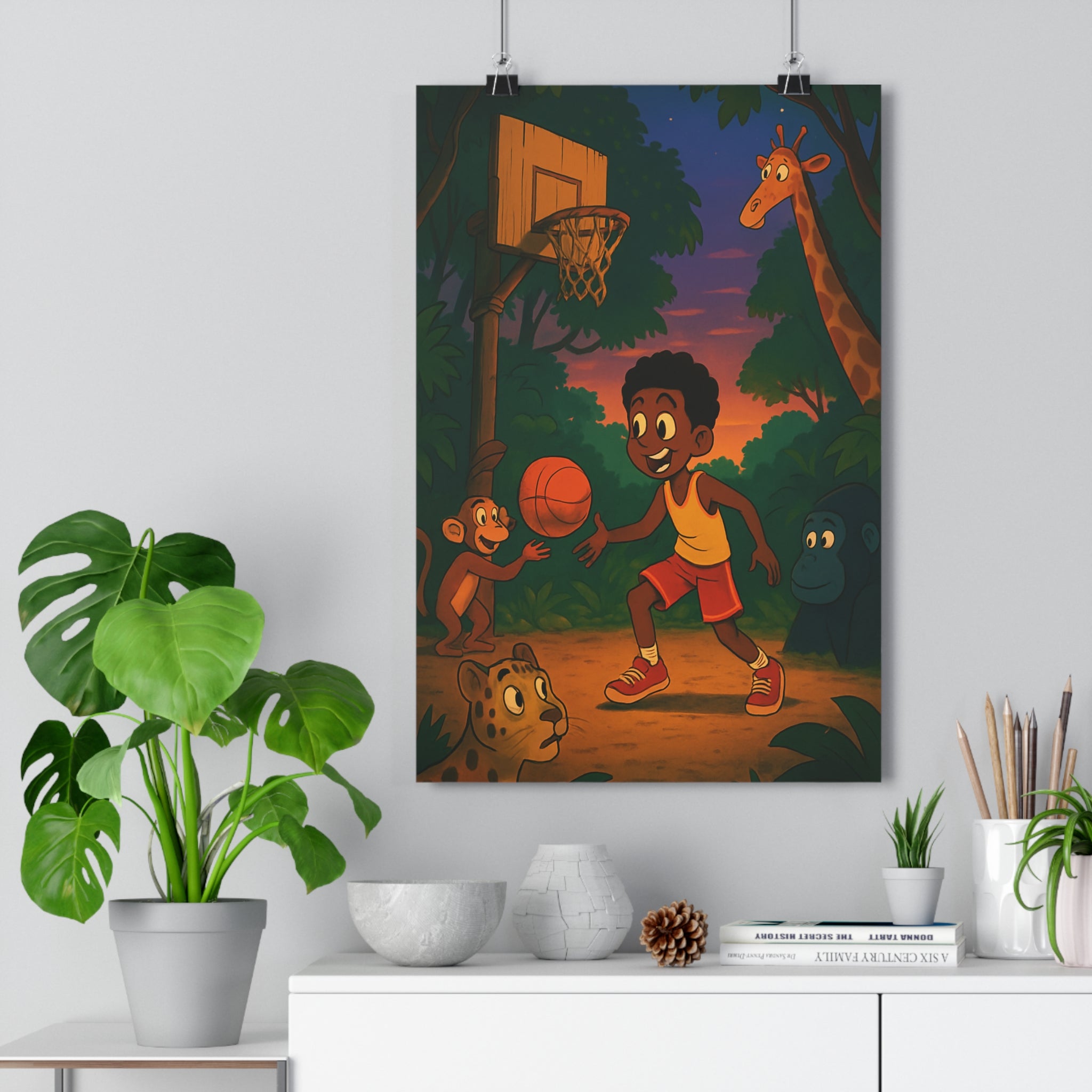 Poster décoratif jungle enfant coloré aventure tropical animaux mur chambre joyeuse exotique vibrant style