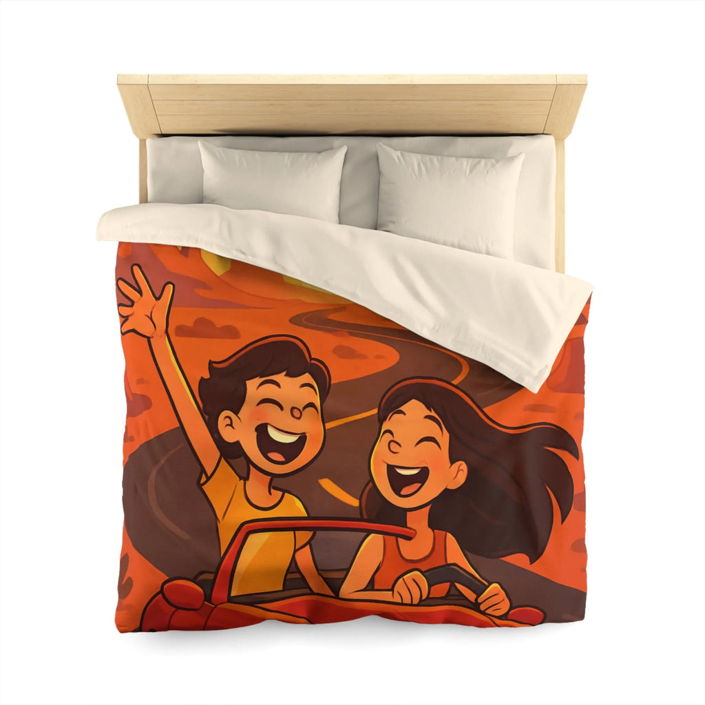 Aventure en voiture rouge dans un désert ensoleillé avec couple et aigle volant