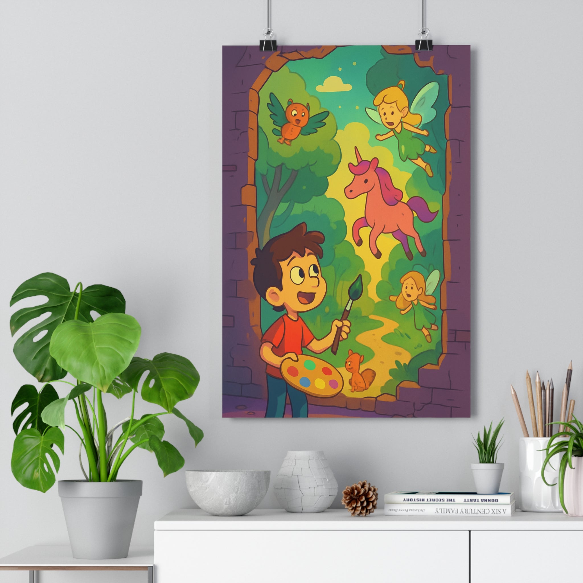 Poster décoratif magique illusion fantaisie couleurs vives cartoon chambre enfant joyeux créatif vibrant fantaisiste