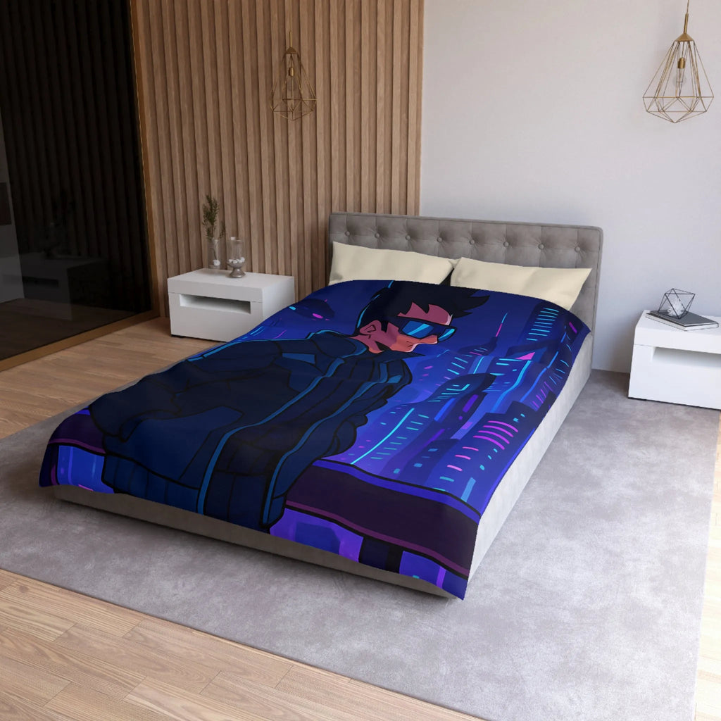 Futuriste Housse de Couette avec Ville Brillante et Homme Élégant en Lunettes