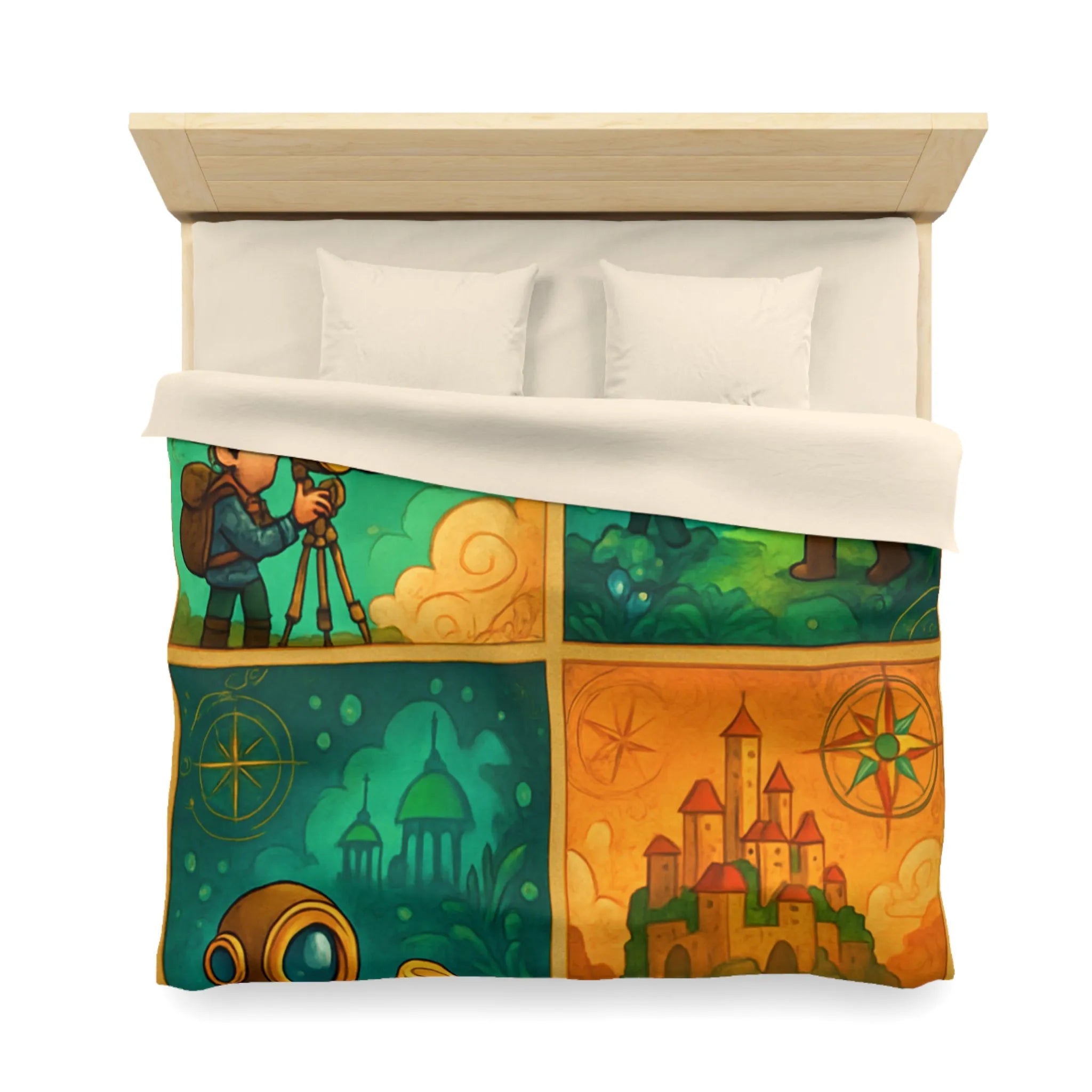 Housse de couette aventure fantastique pour chambre d'enfant avec exploration imaginaire colorée