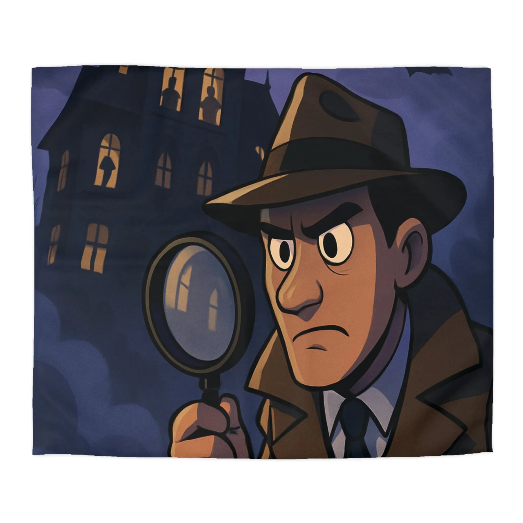 Housse de couette avec détective en enquête devant un manoir hanté mystérieux