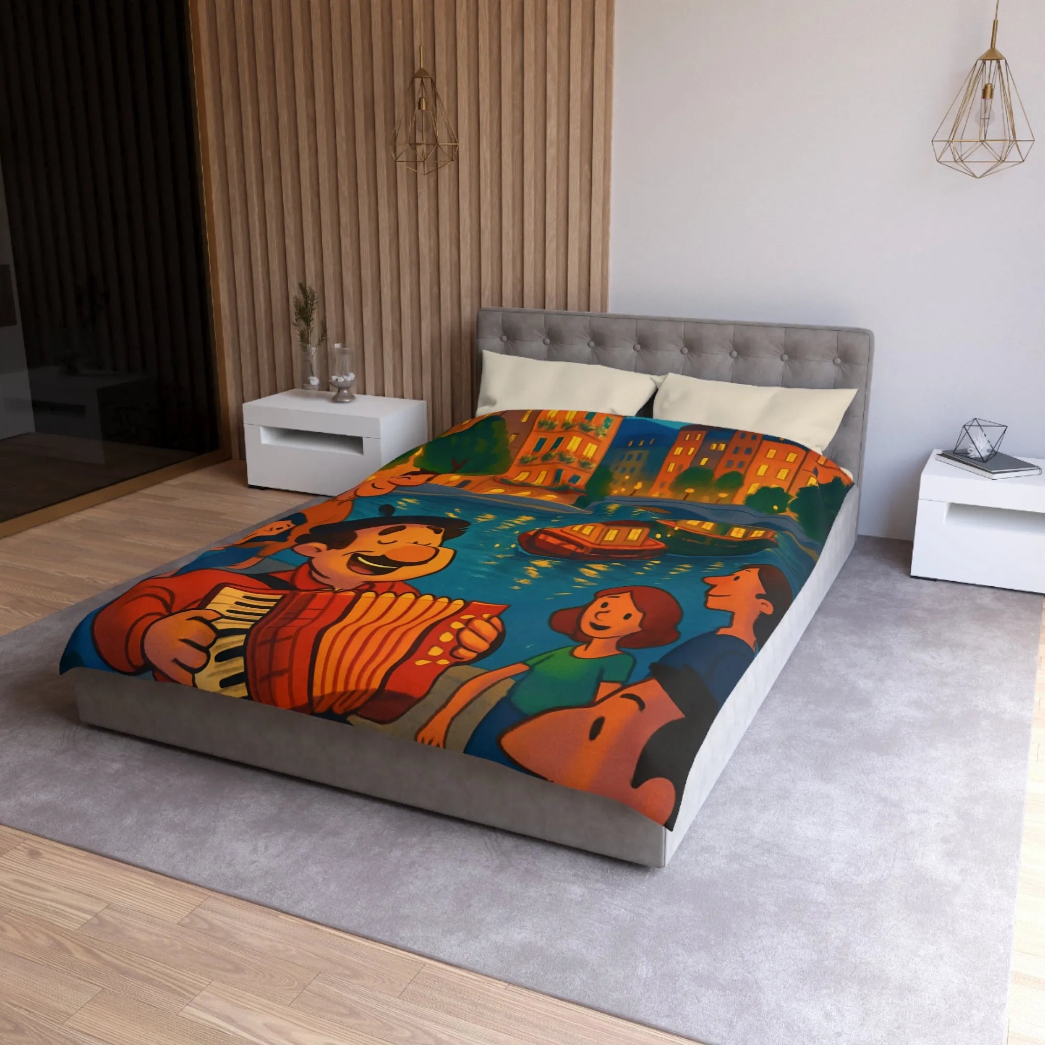 Housse de couette avec illustration animée d'une scène joyeuse au bord de la rivière